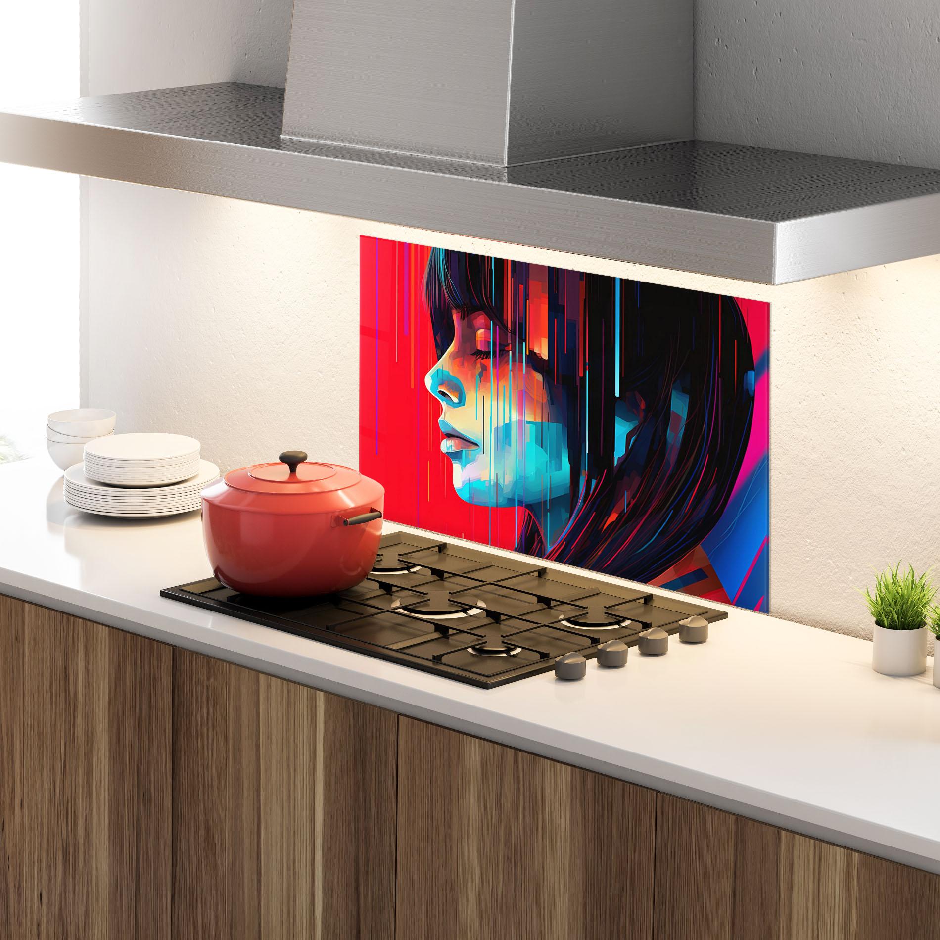 Panel Szklany do Kuchni Colorful Glitchy Portrait mockup 4