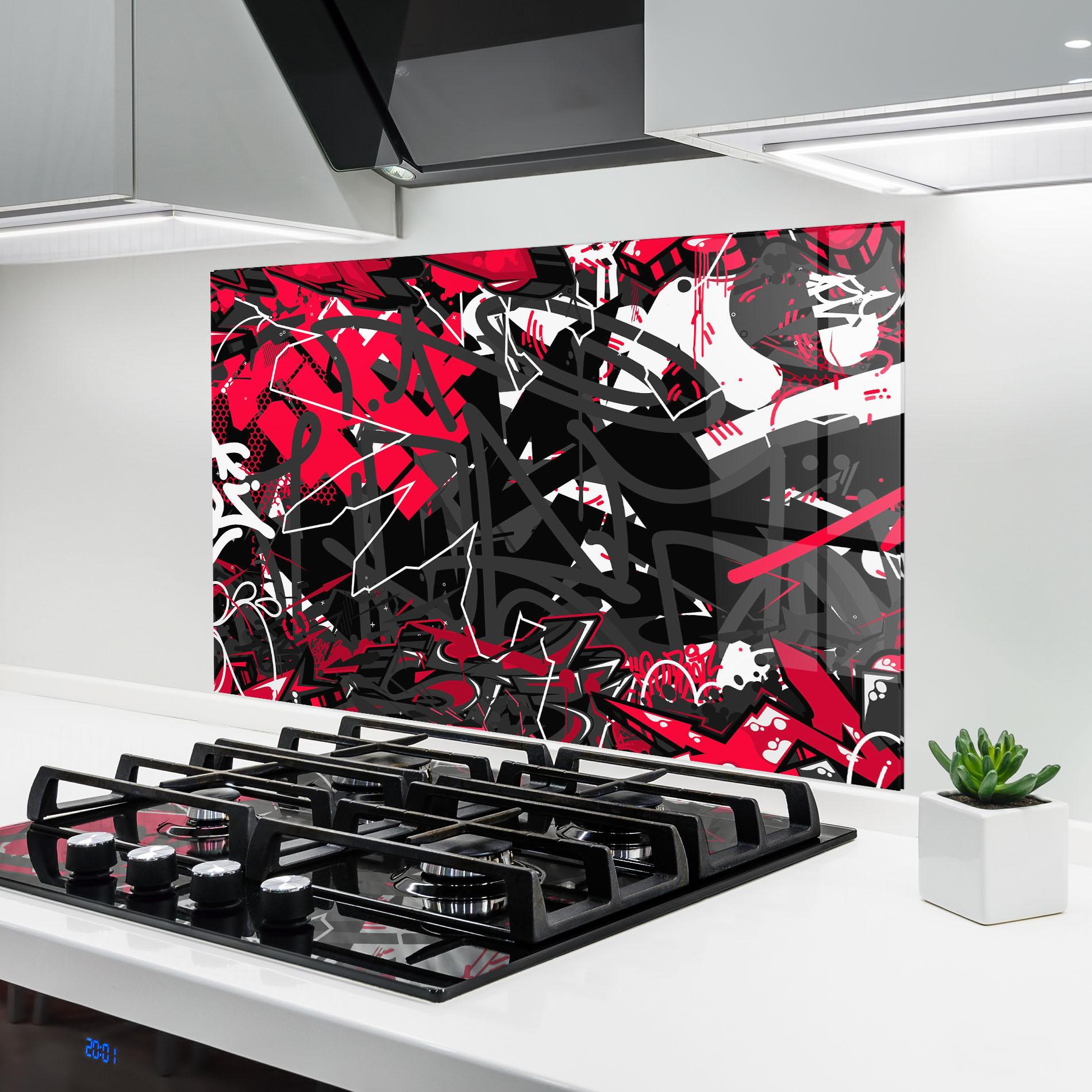 Panel Szklany do Kuchni Grey Red Graffiti mockup 6
