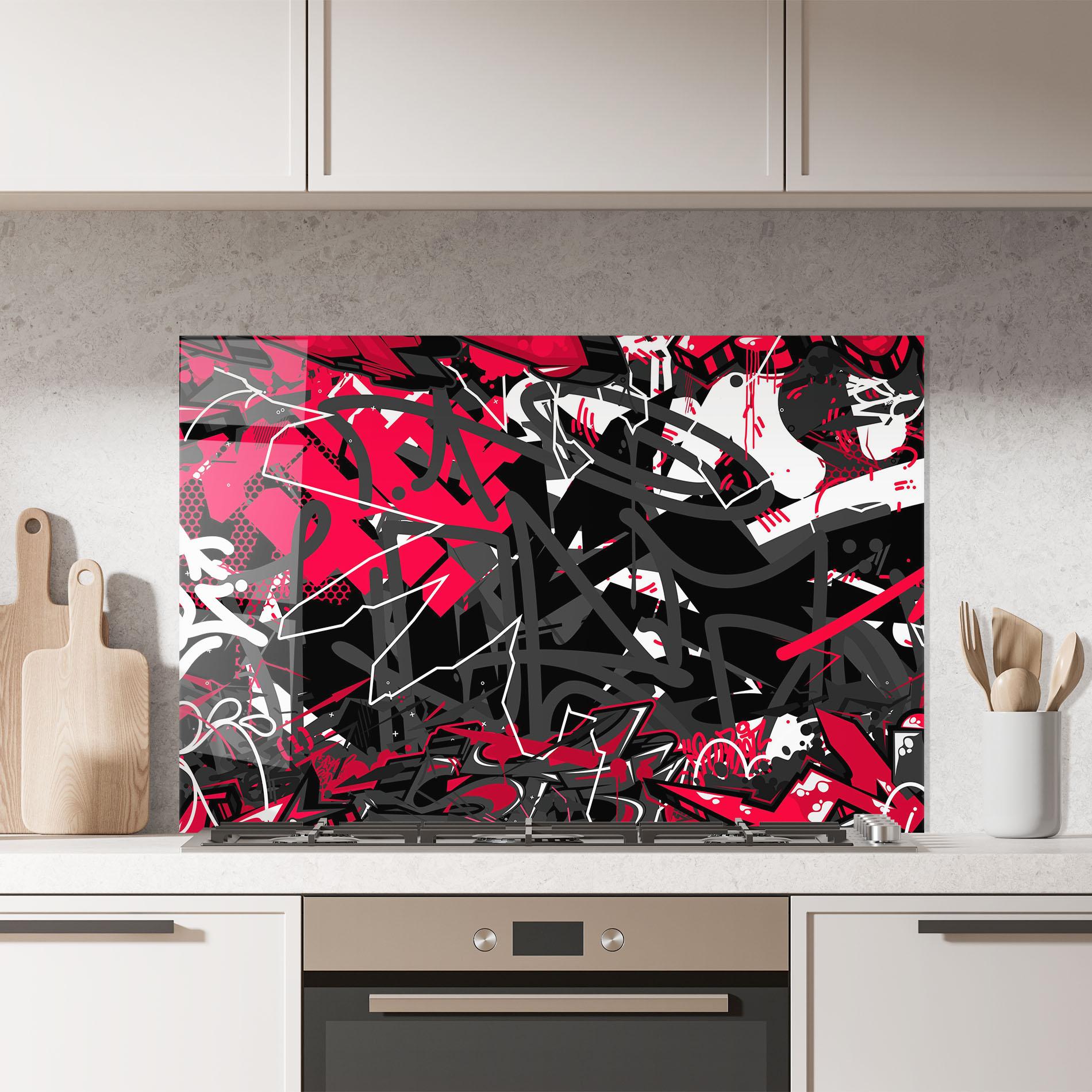 Panel Szklany do Kuchni Grey Red Graffiti mockup 7