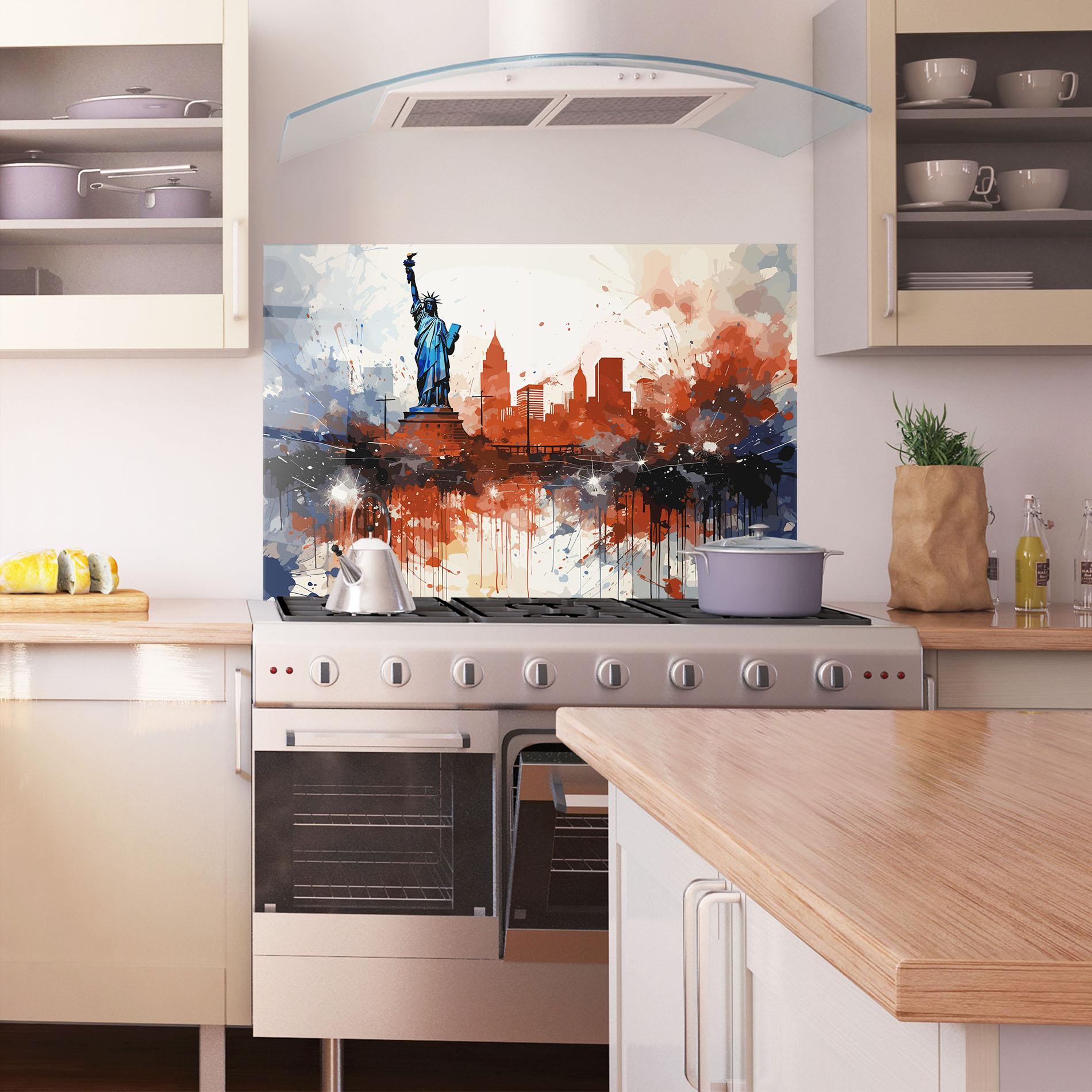 Panel Szklany do Kuchni Red Blue Liberty Statue mockup 1