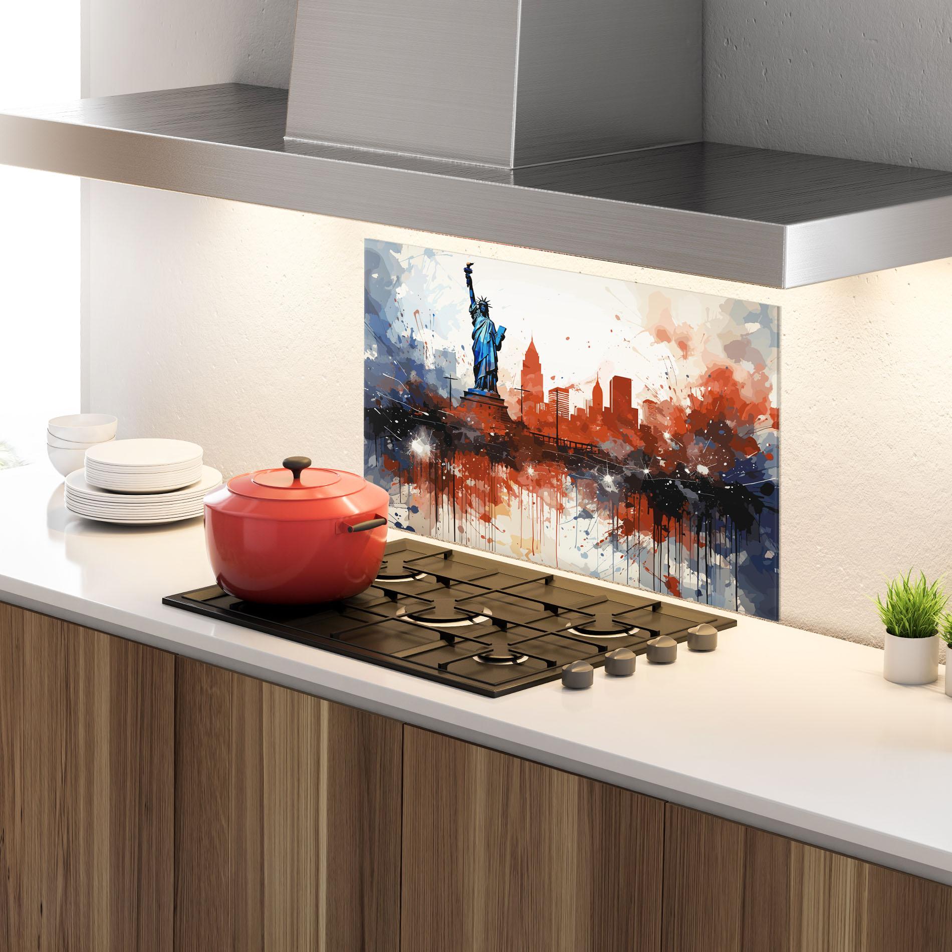 Panel Szklany do Kuchni Red Blue Liberty Statue mockup 4