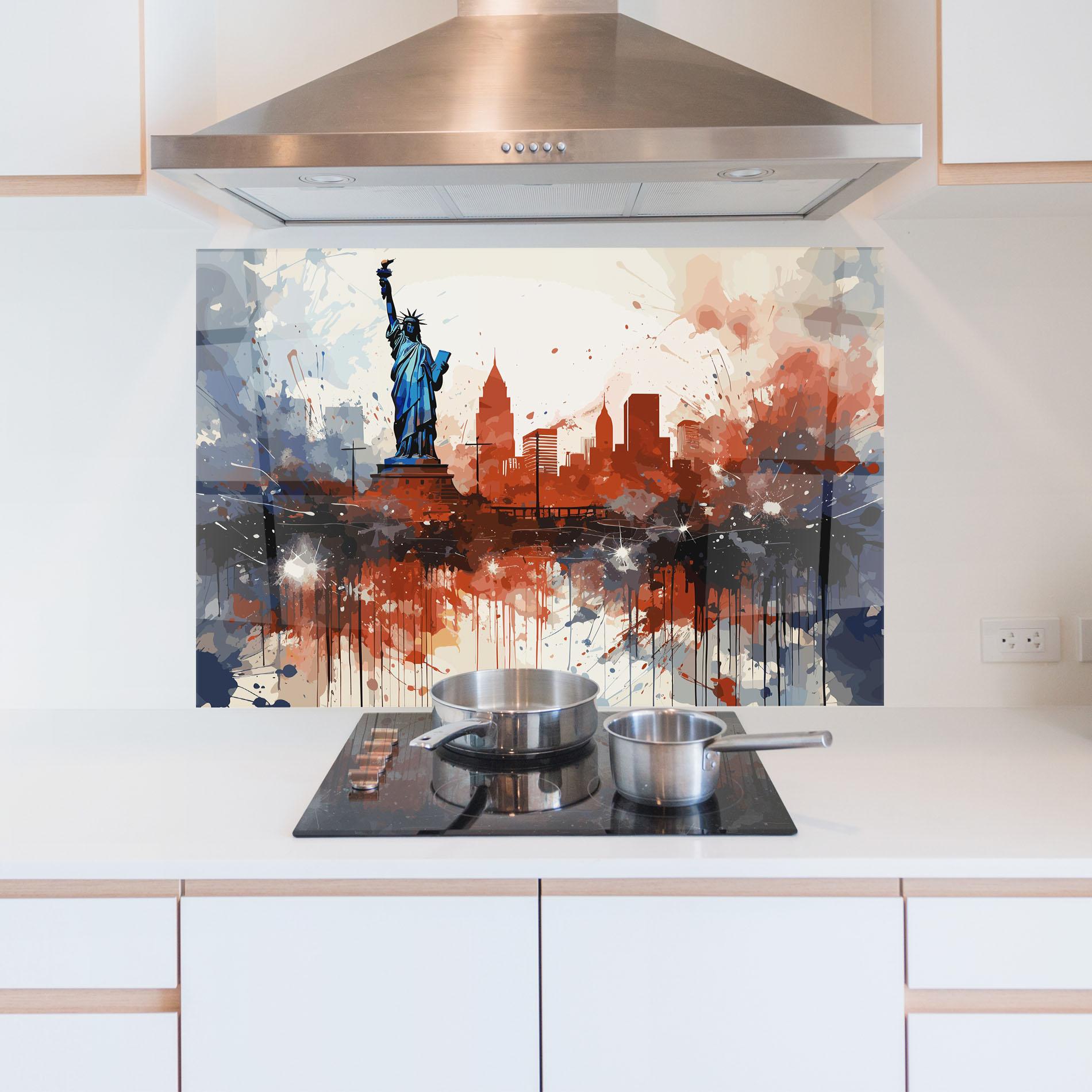 Panel Szklany do Kuchni Red Blue Liberty Statue mockup 5