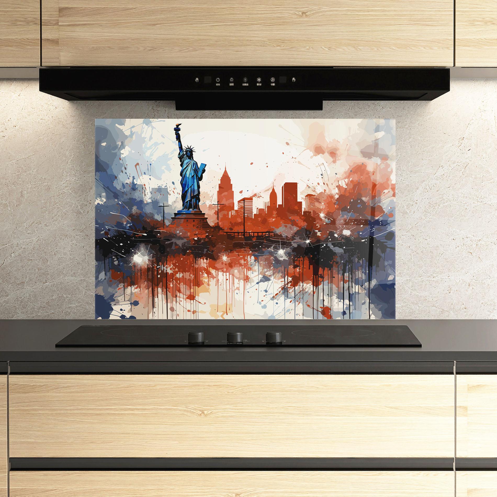 Panel Szklany do Kuchni Red Blue Liberty Statue mockup 3