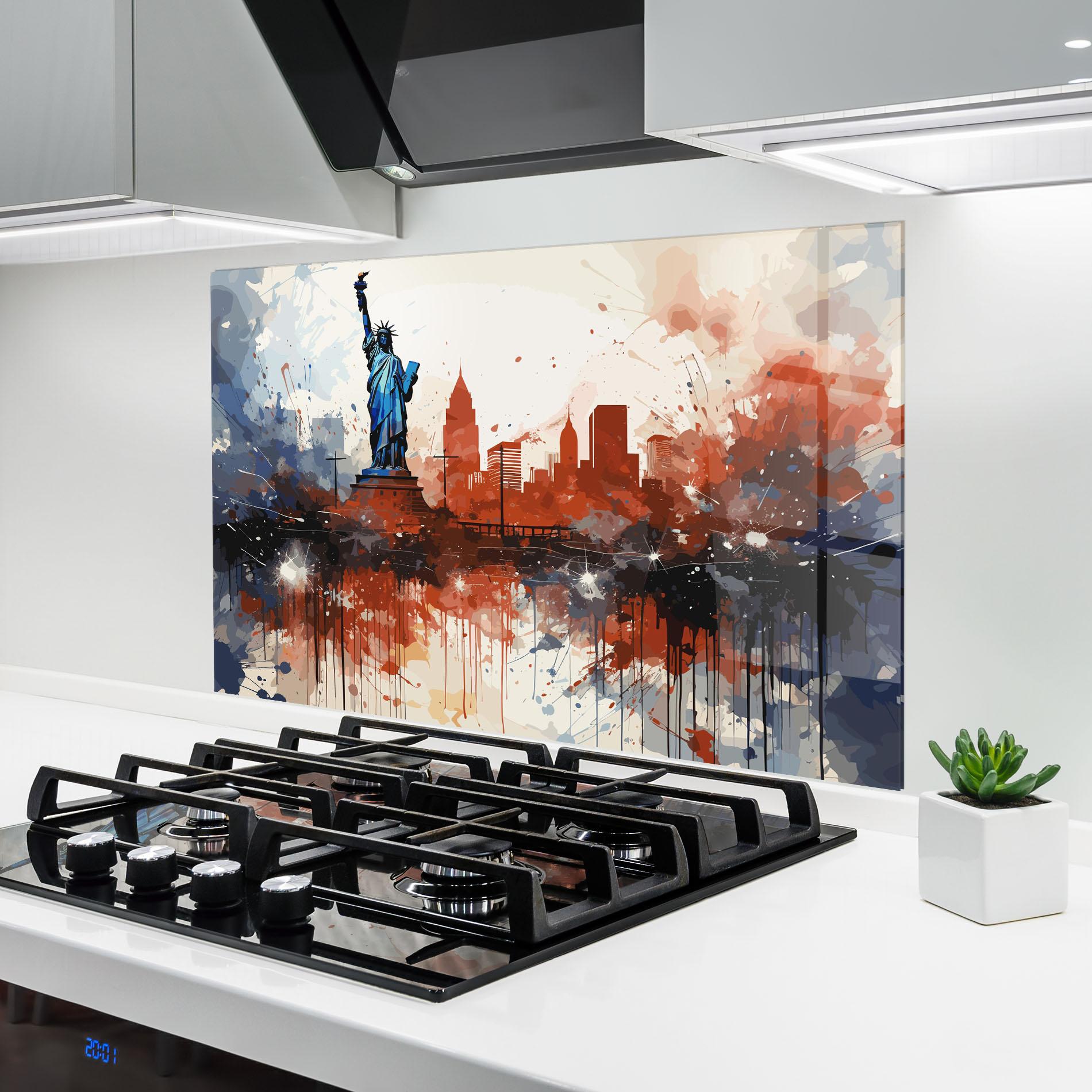 Panel Szklany do Kuchni Red Blue Liberty Statue mockup 6
