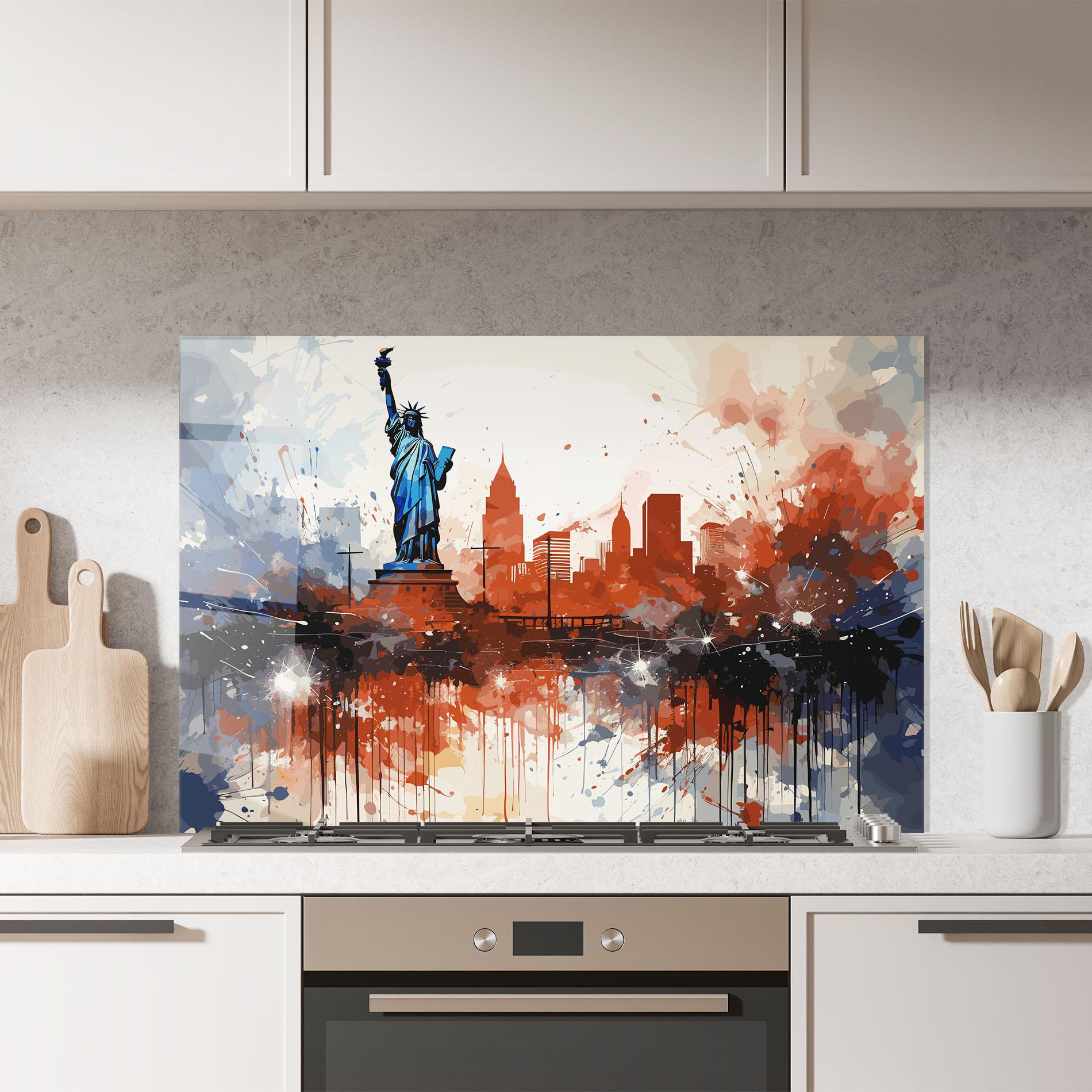 Panel Szklany do Kuchni Red Blue Liberty Statue mockup 7