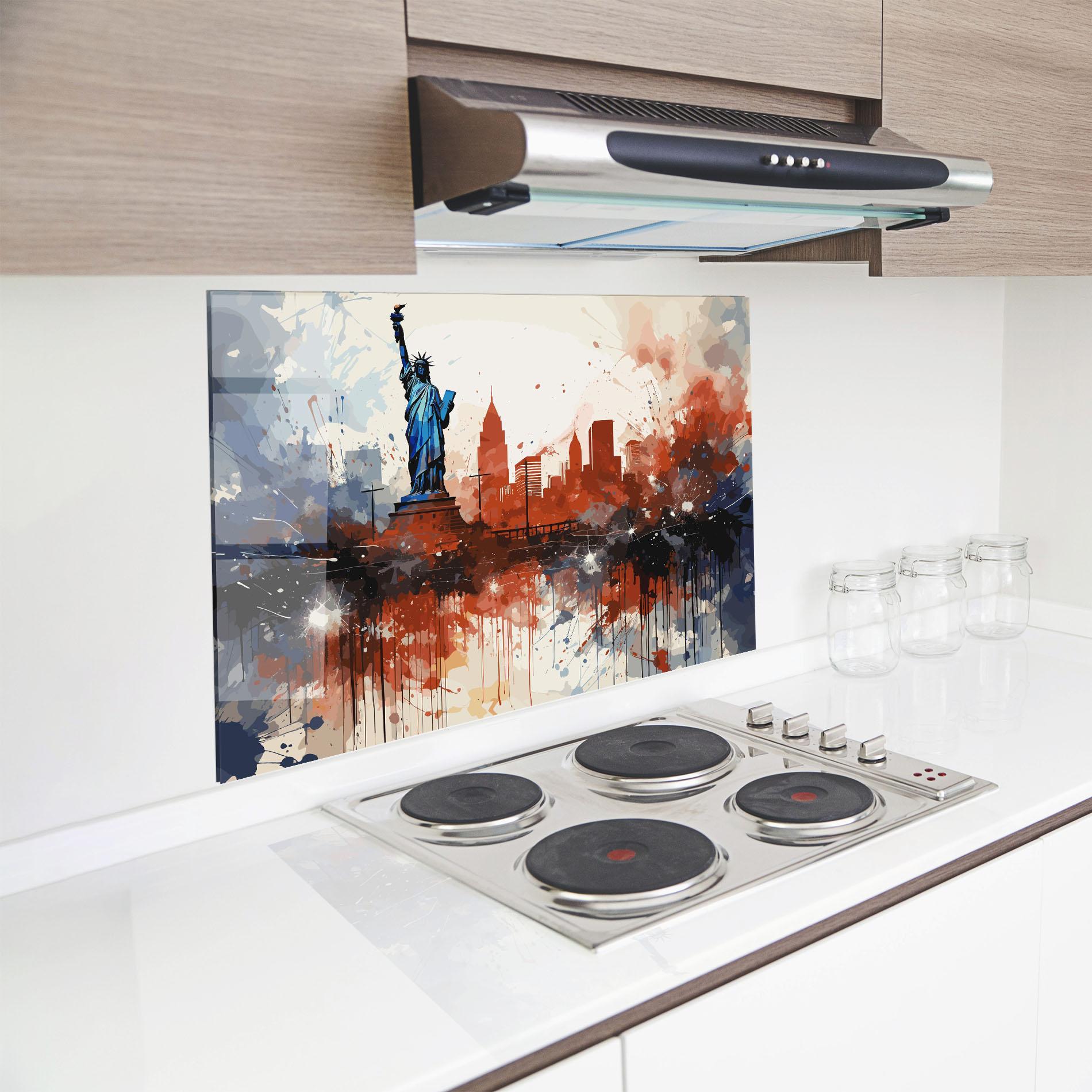 Panel Szklany do Kuchni Red Blue Liberty Statue mockup 8