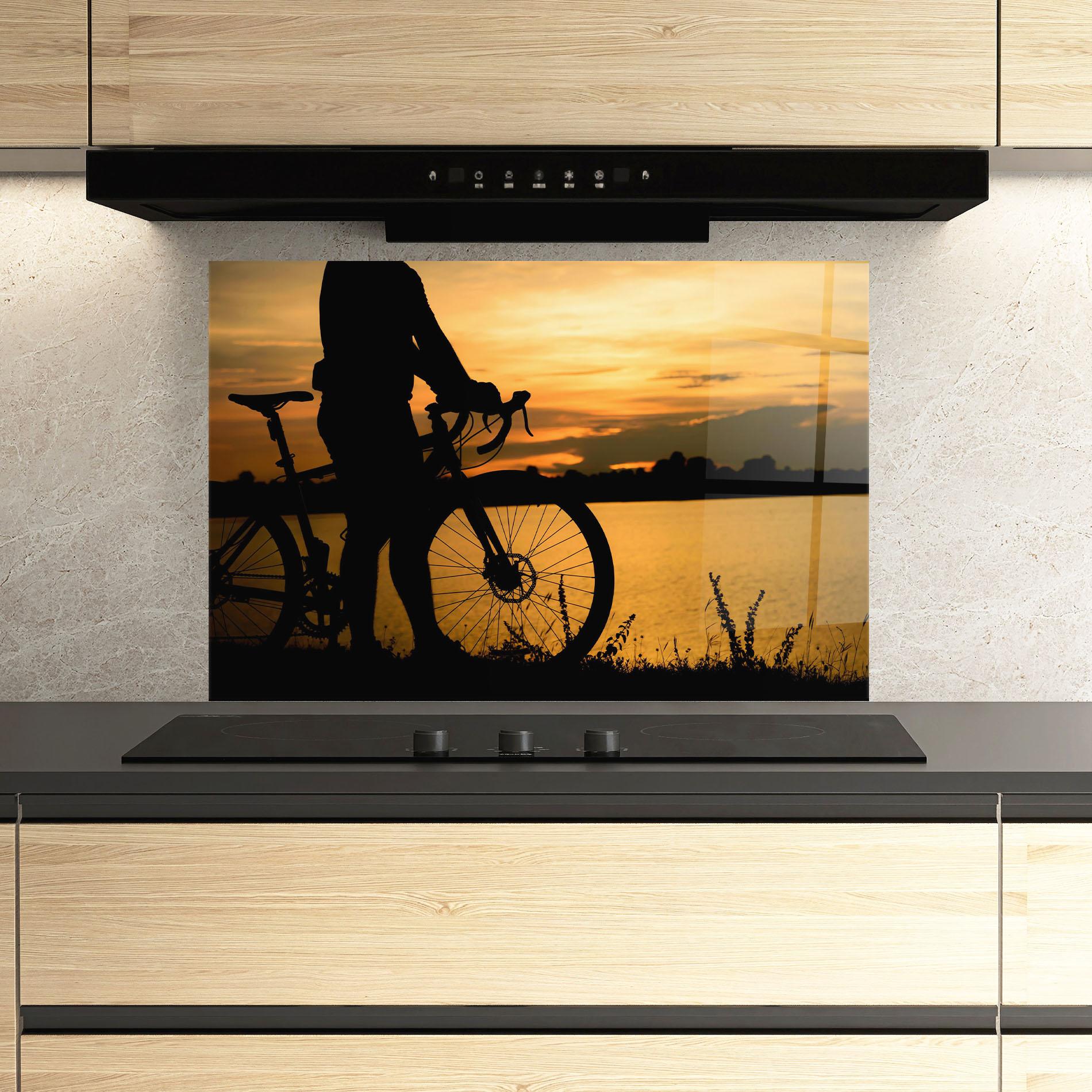 Panel Szklany do Kuchni Bicycle Sunset Silhouette mockup 3