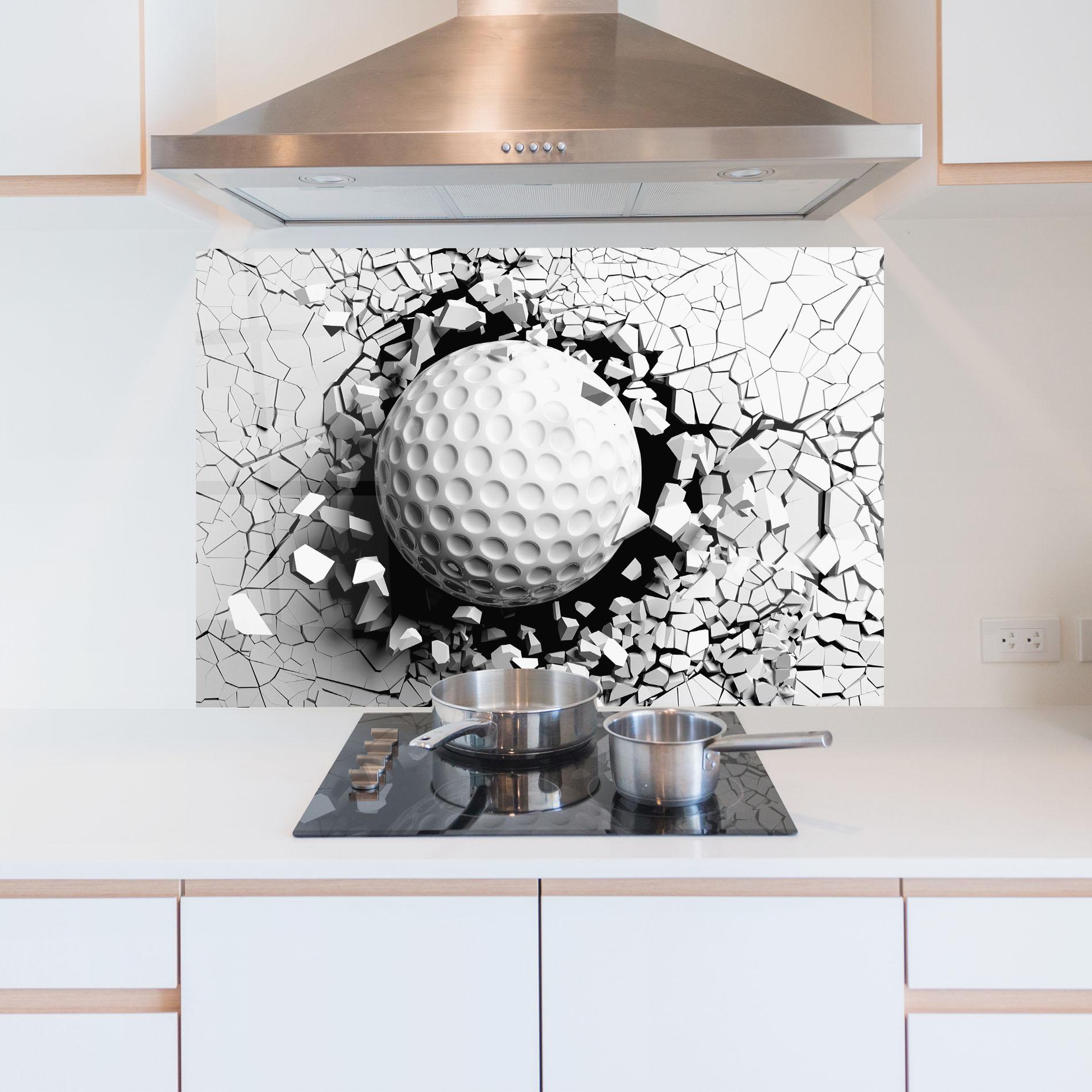 Panel Szklany do Kuchni Golf Ball Breaking Wall mockup 5