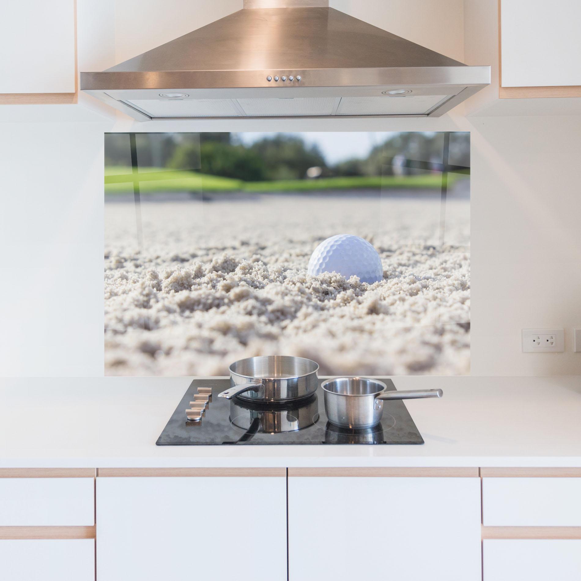 Panel Szklany do Kuchni Golf Ball In Sand mockup 5
