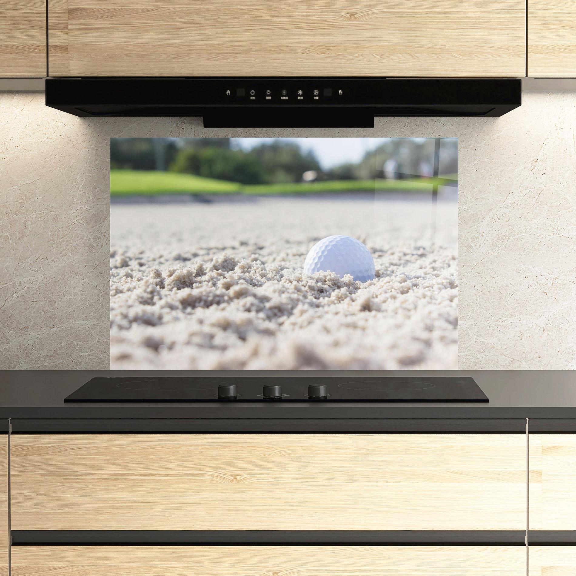 Panel Szklany do Kuchni Golf Ball In Sand mockup 3