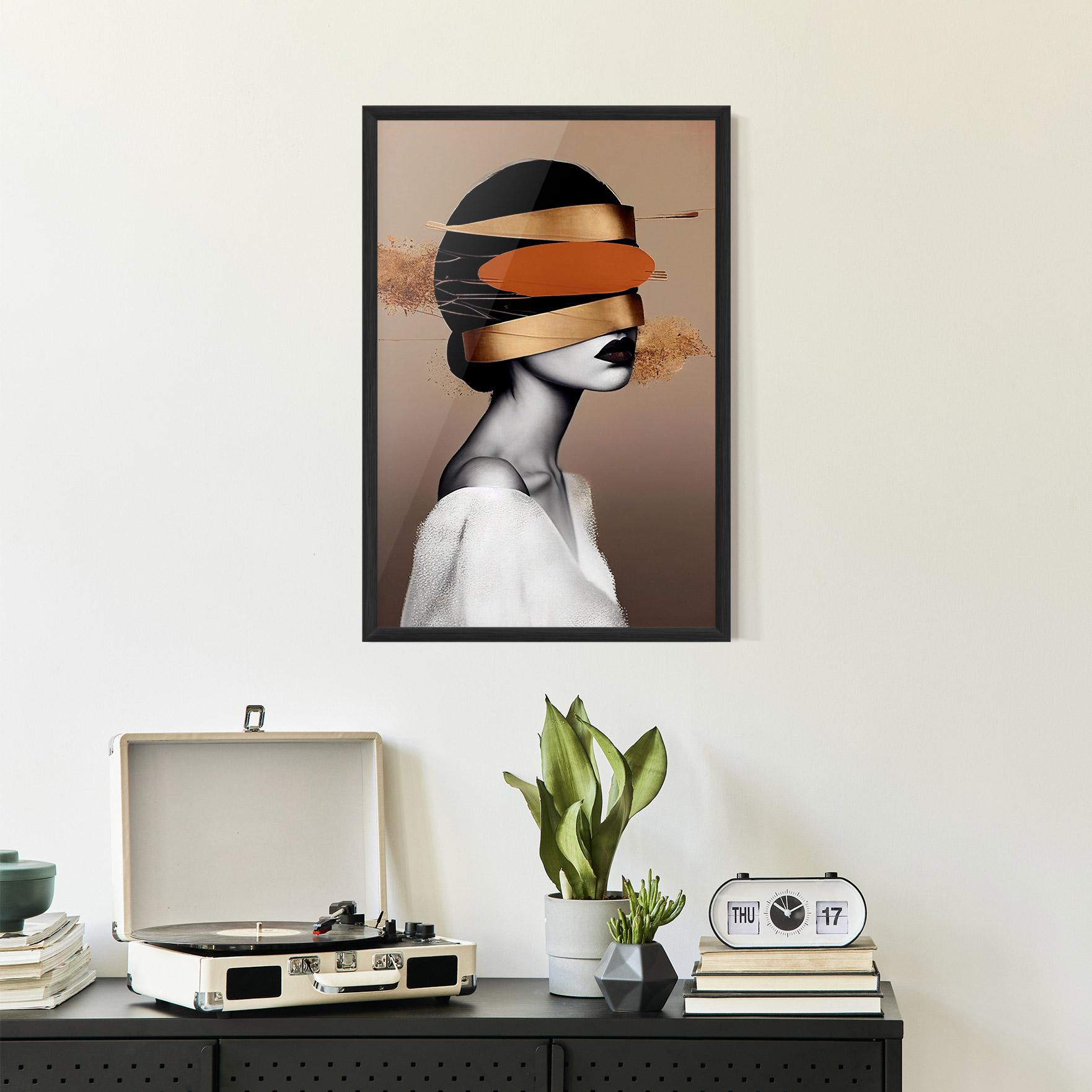 Plakat w Ramie Woman With Gold Lines mockup 2