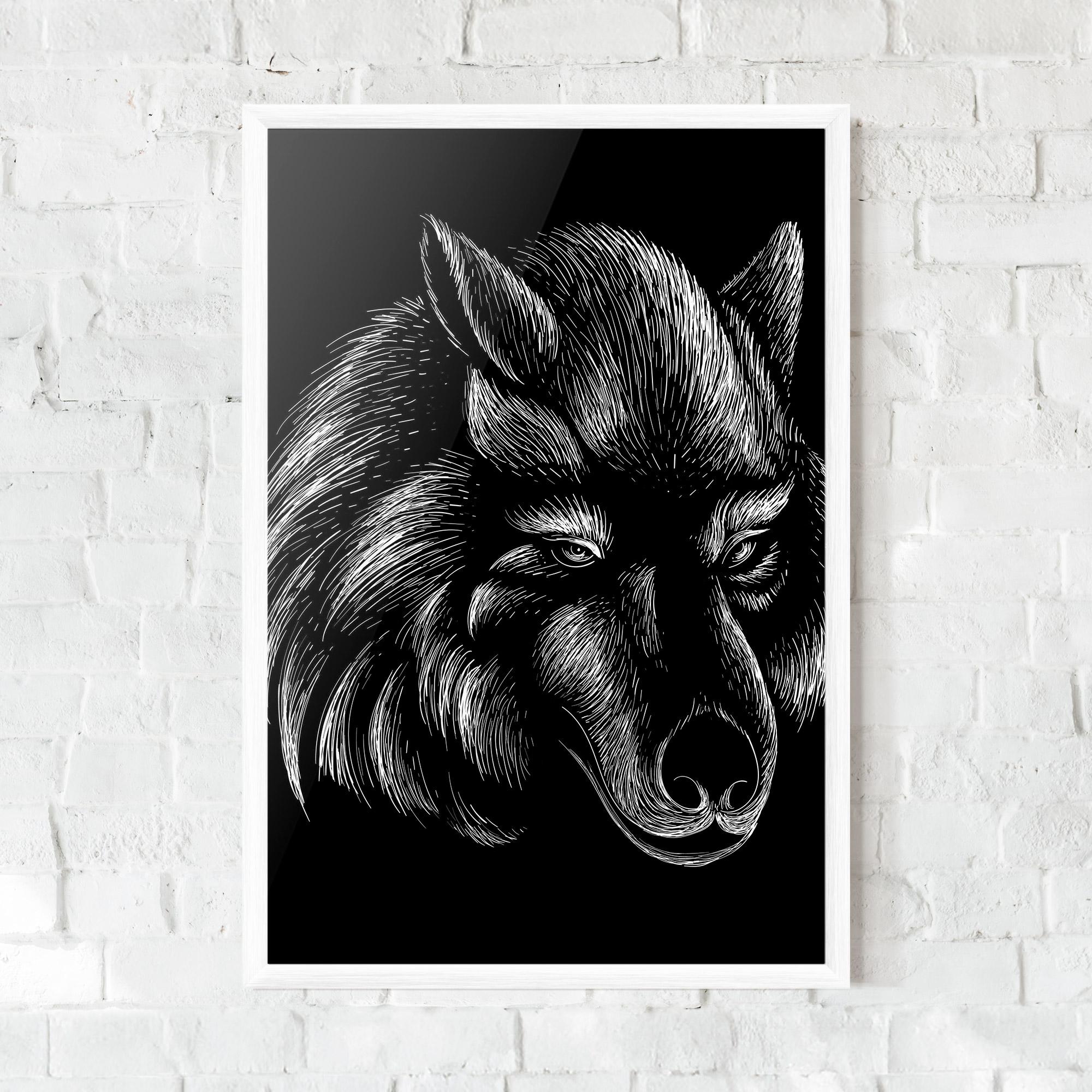 Plakat w Ramie White Line Wolf mockup 0