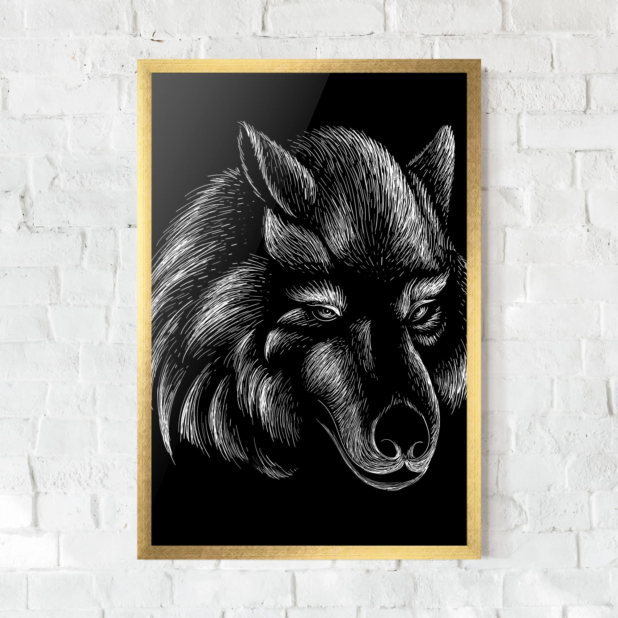 Plakat w Ramie White Line Wolf mockup 0