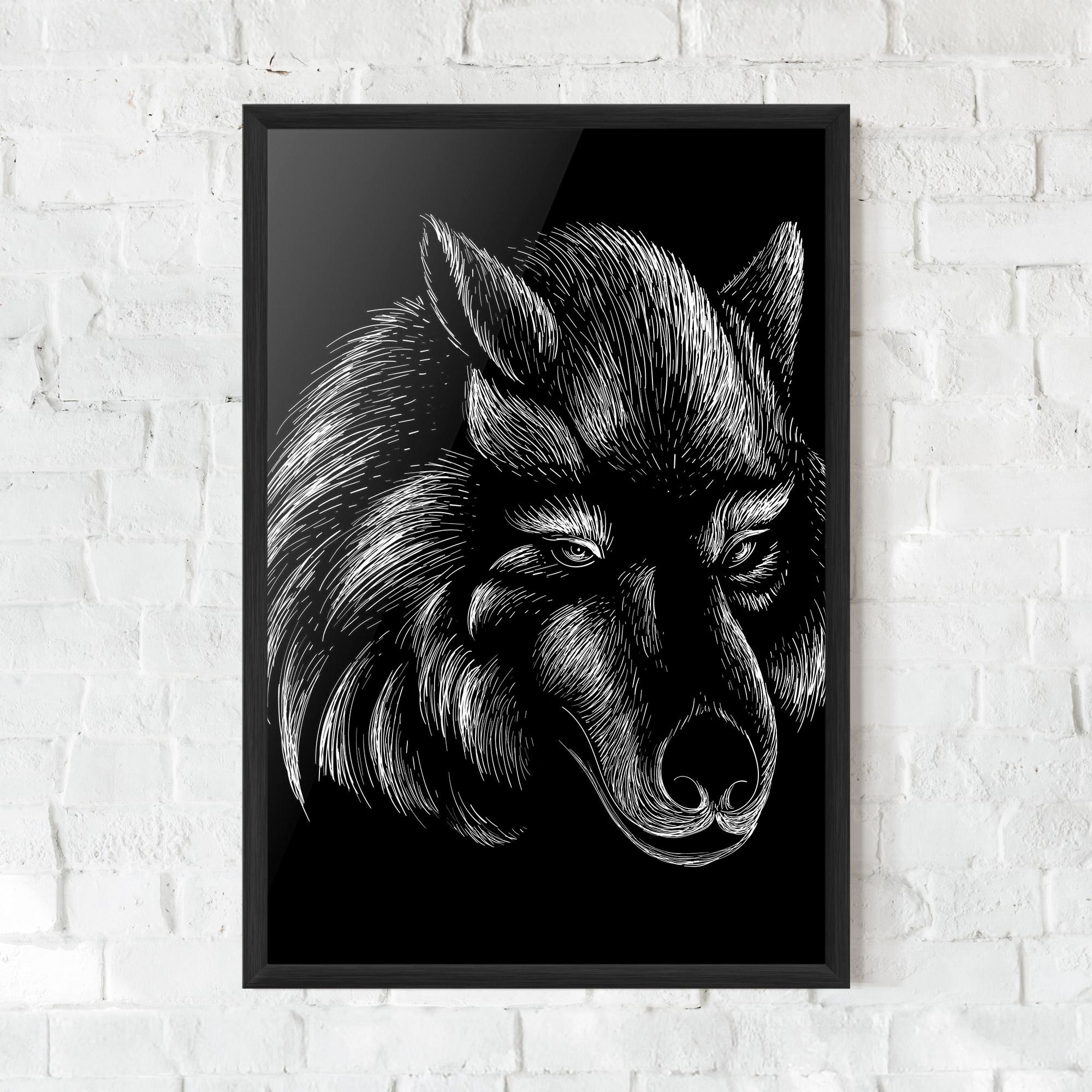 Plakat w Ramie White Line Wolf mockup 0