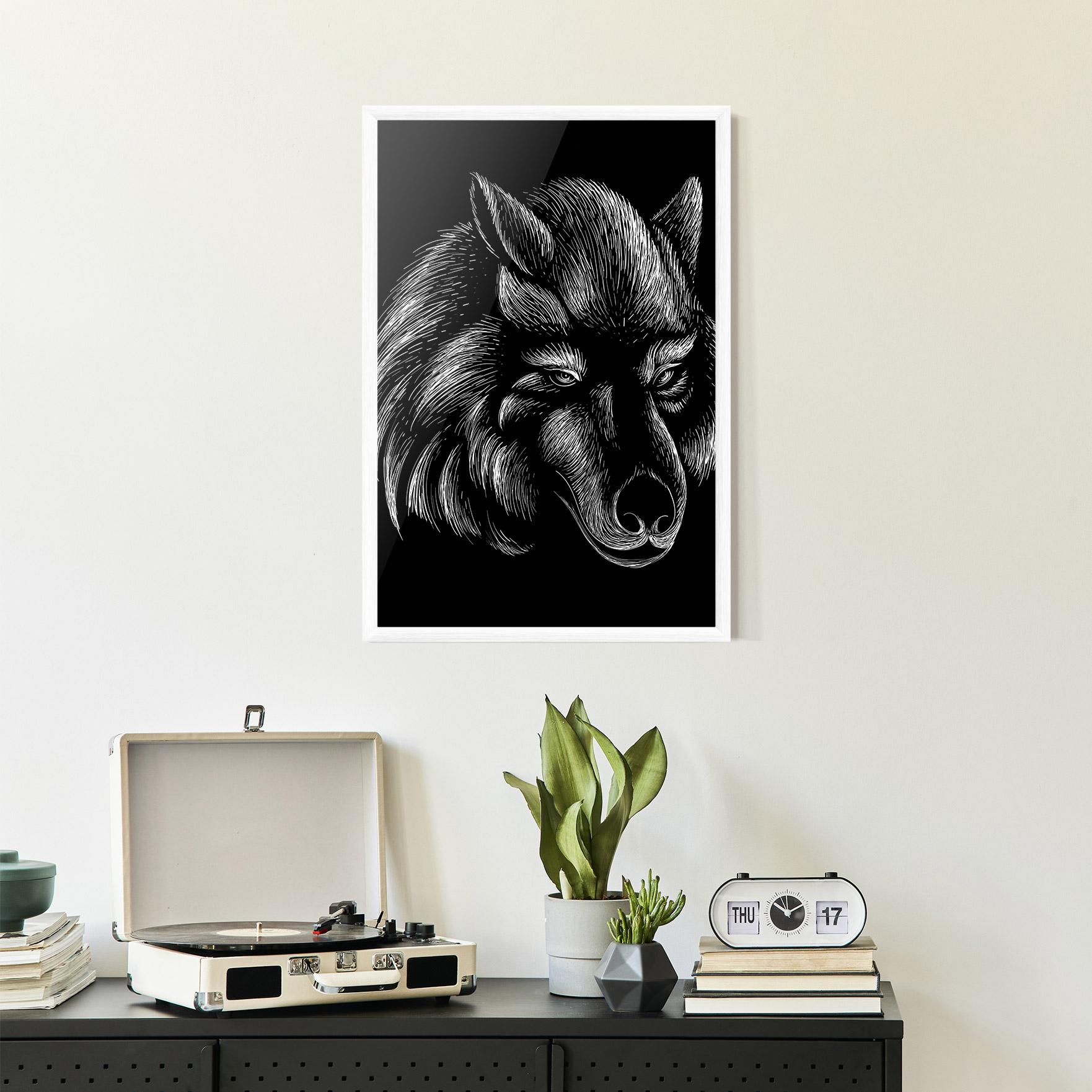 Plakat w Ramie White Line Wolf mockup 2