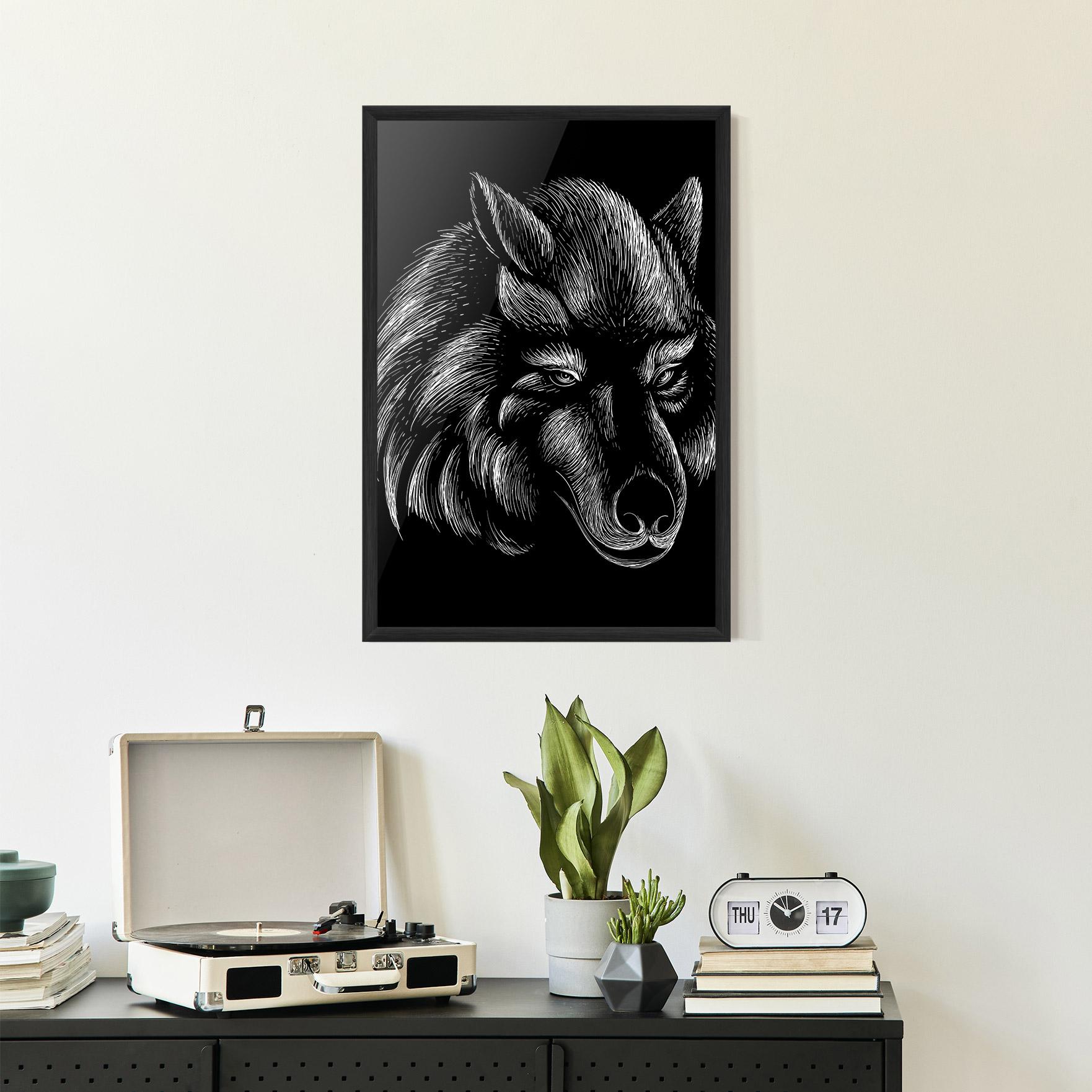 Plakat w Ramie White Line Wolf mockup 2