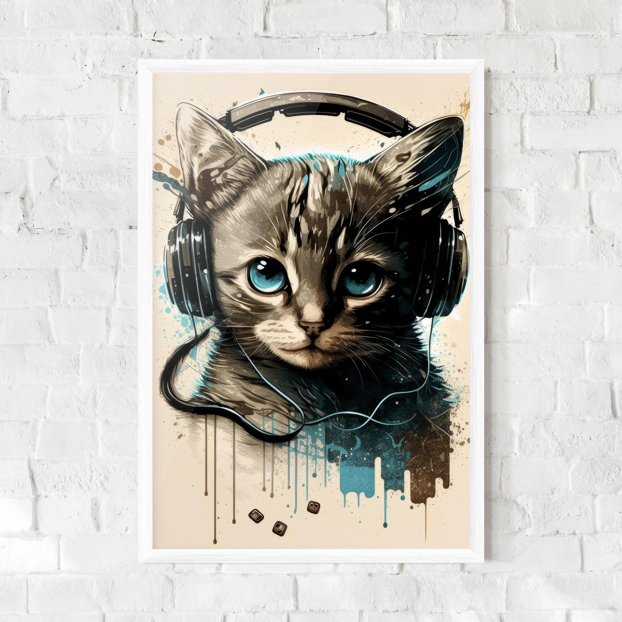 Plakat w Ramie Headphones Cute Cat mockup 0