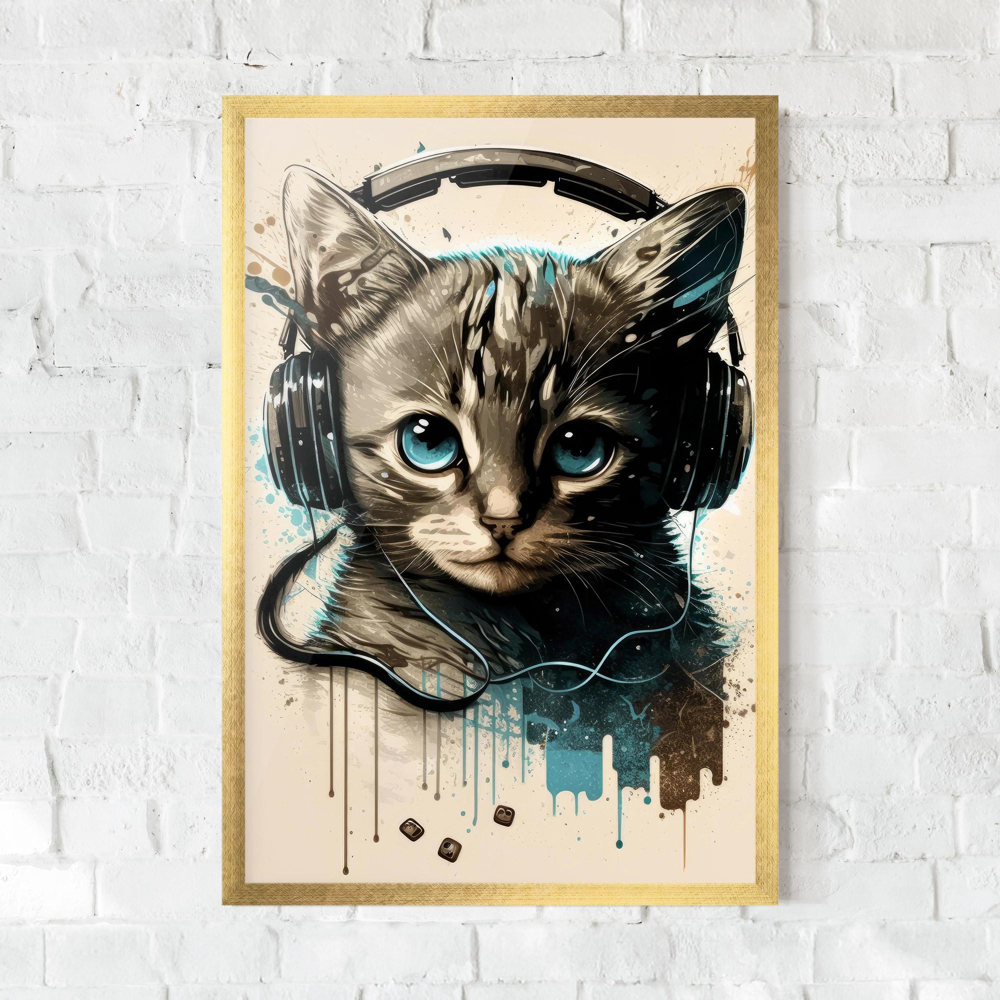 Plakat w Ramie Headphones Cute Cat mockup 0