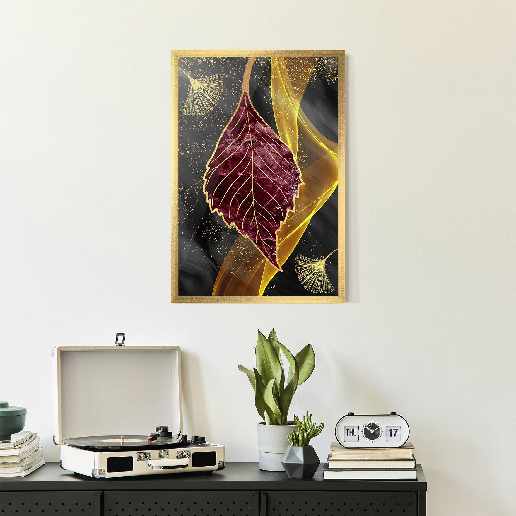 Plakat w Ramie Golden Leaves Red mockup 2