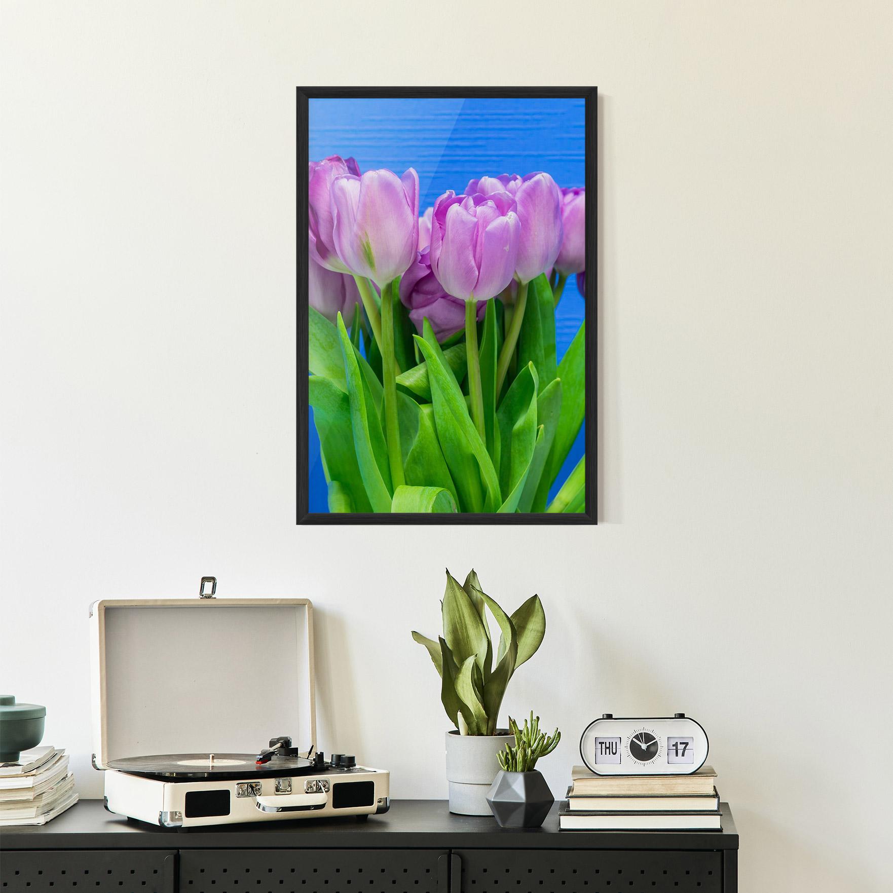 Plakat w Ramie Purple Tulips On Blue mockup 2