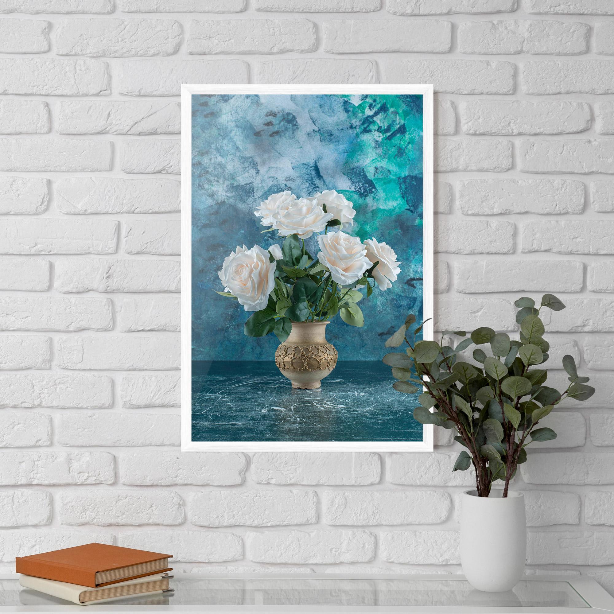 Plakat w Ramie White Roses On Blue mockup 5