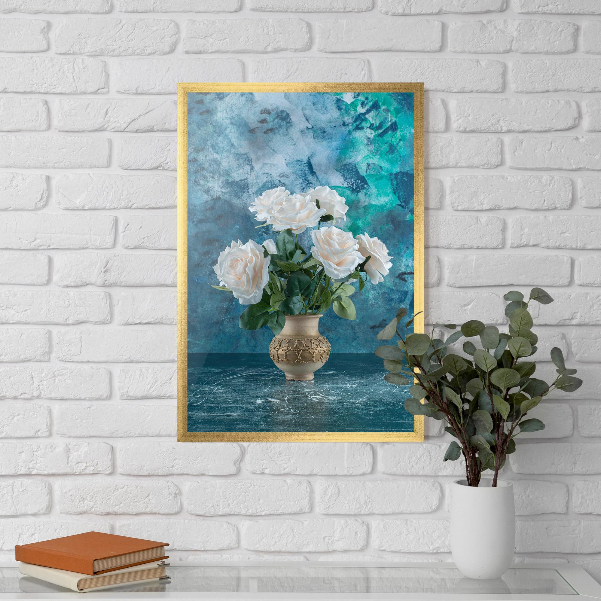 Plakat w Ramie White Roses On Blue mockup 5
