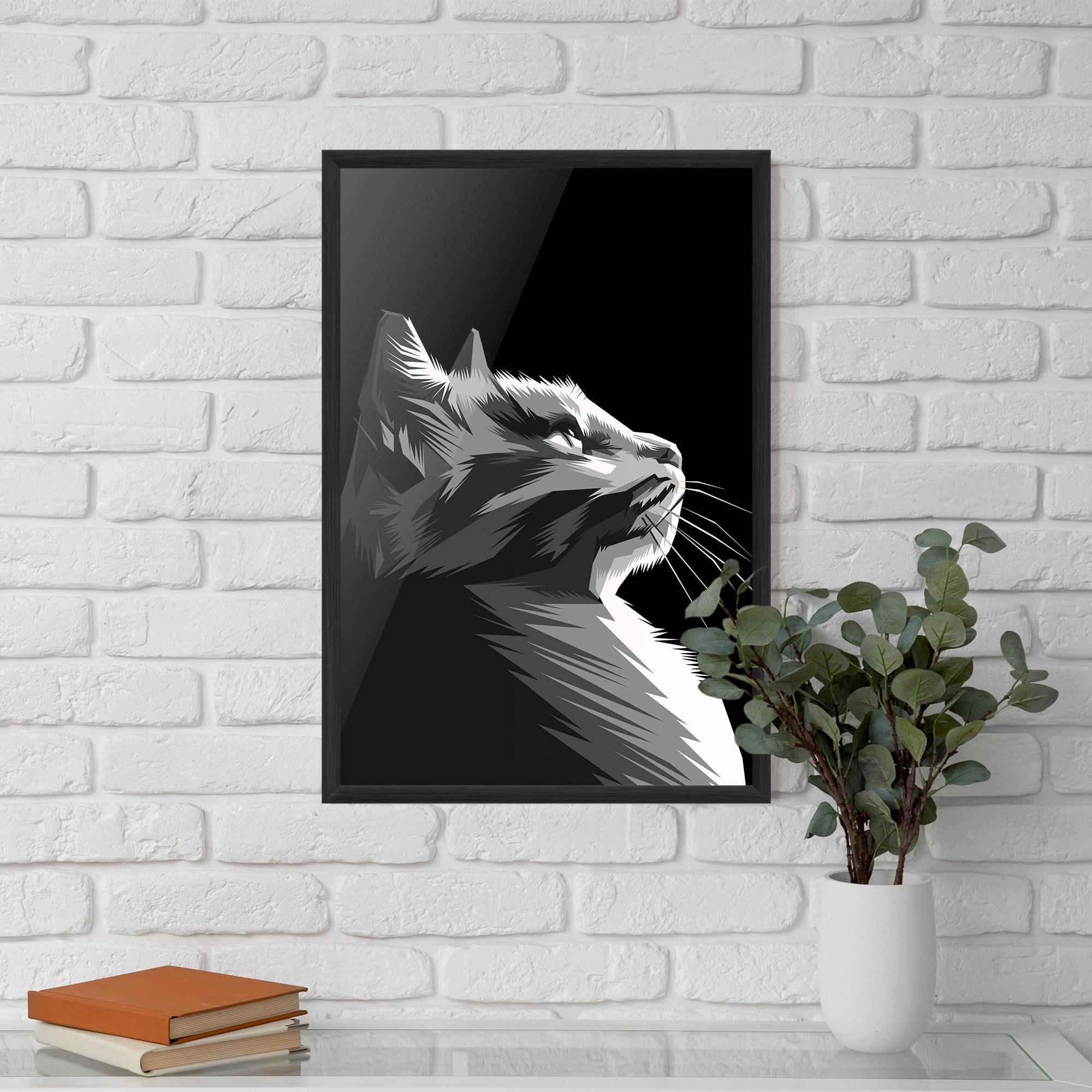 Plakat w Ramie Grey Cat On Black mockup 5