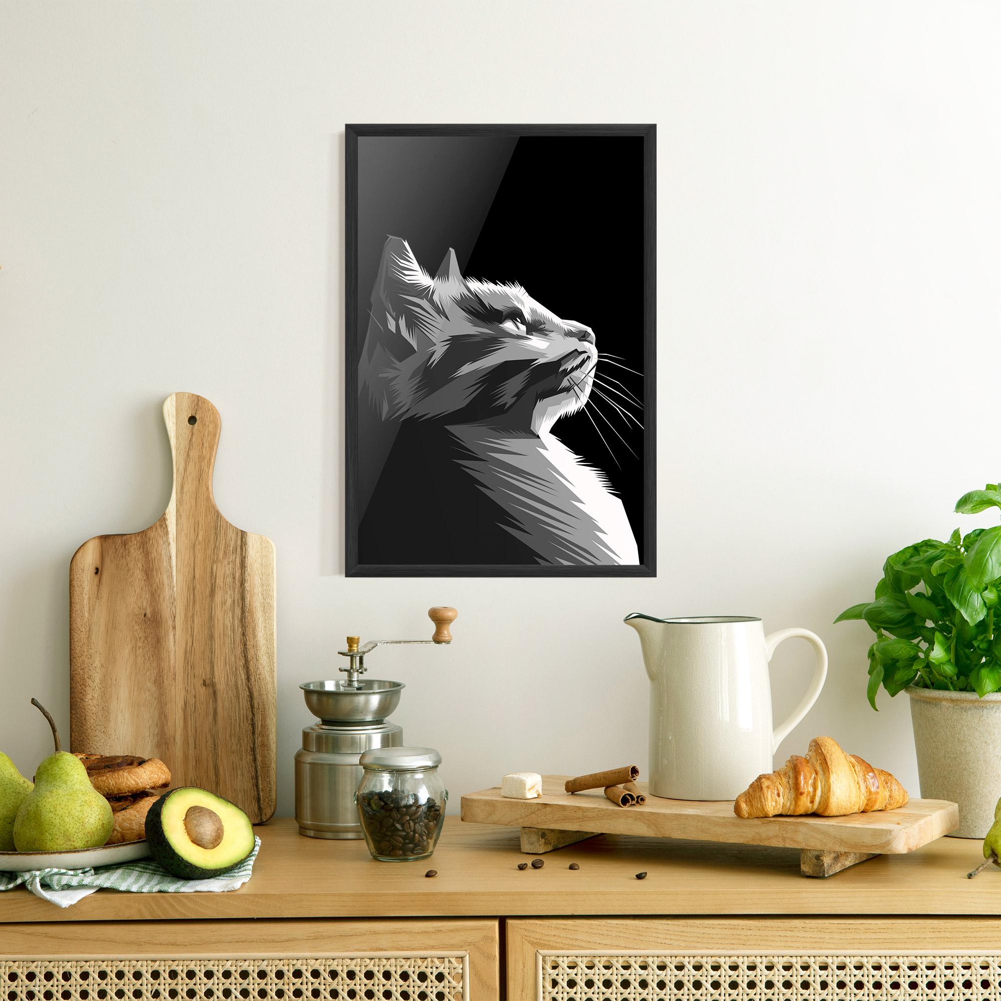 Plakat w Ramie Grey Cat On Black mockup 8