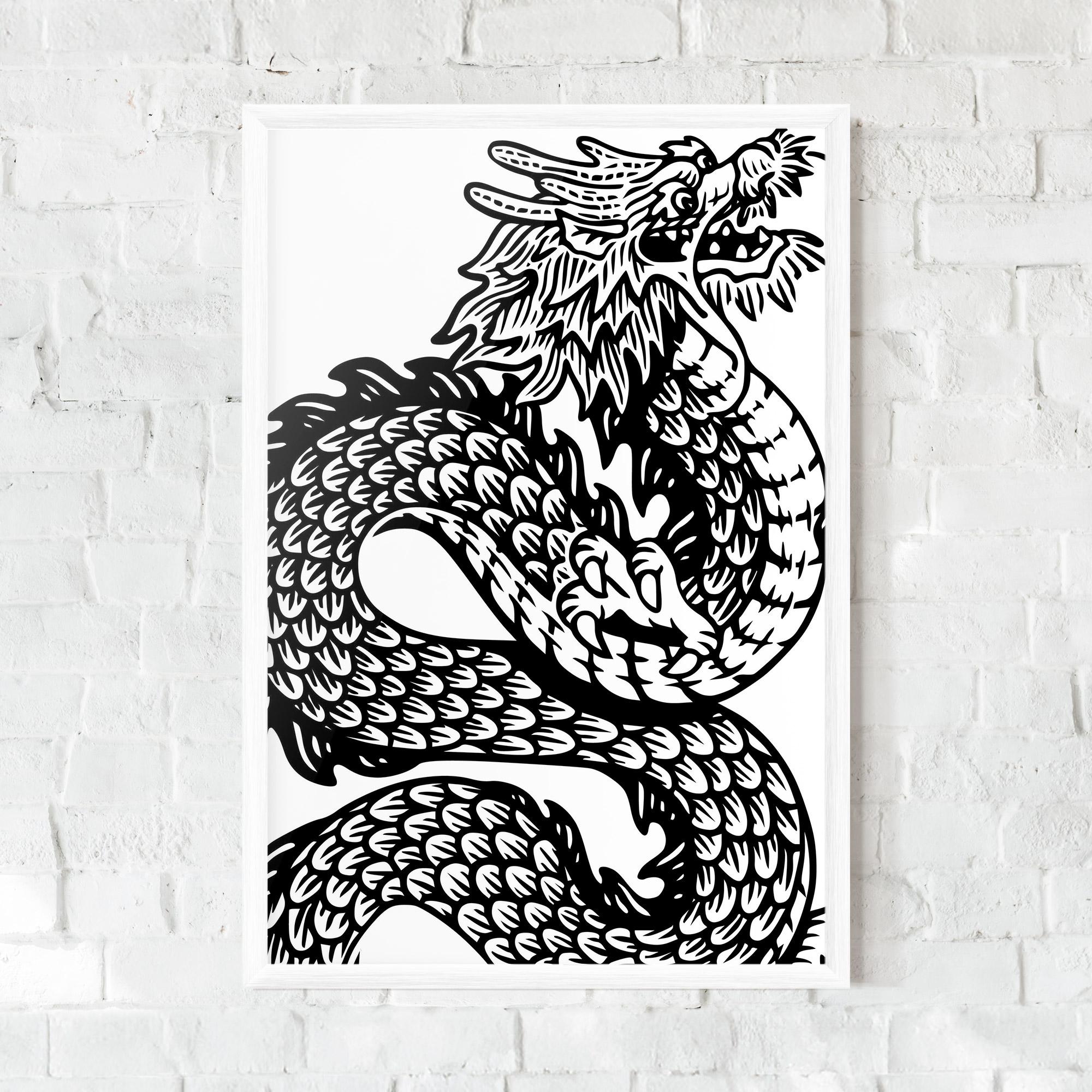 Plakat w Ramie Dragon Black Line mockup 0