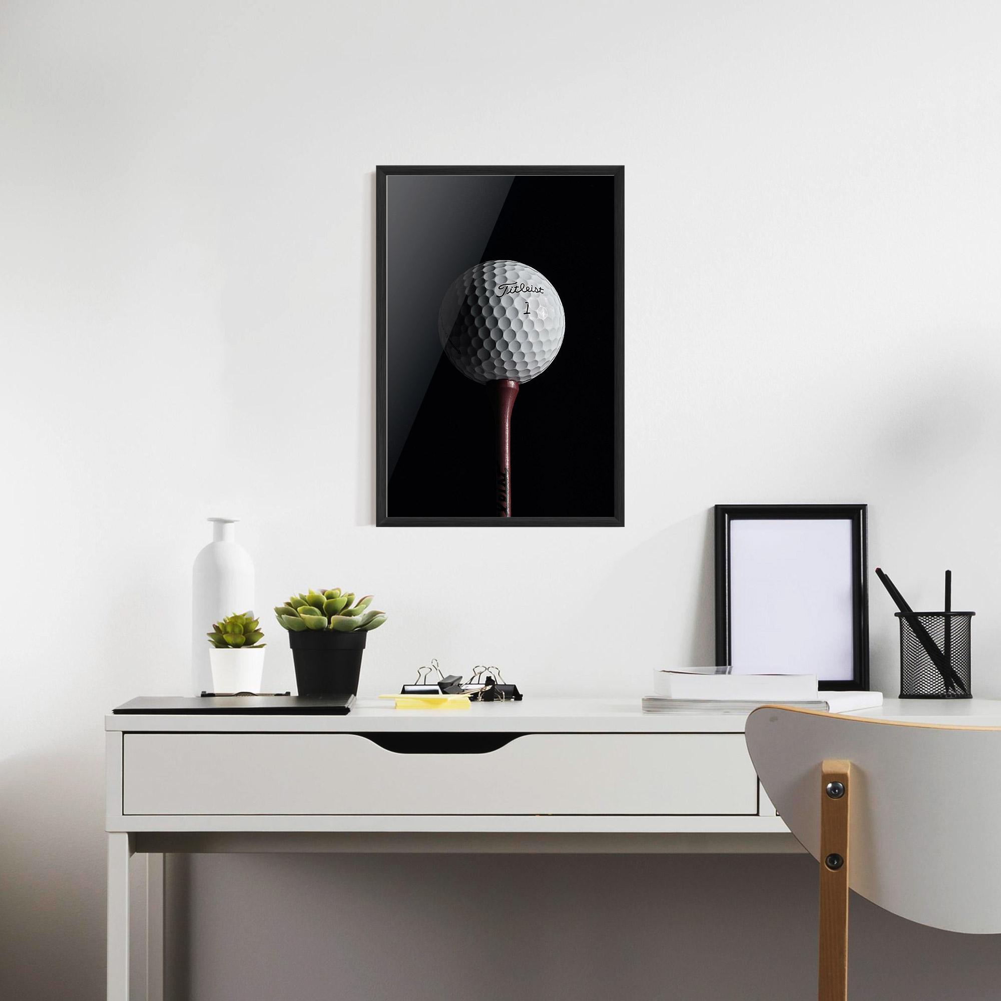 Plakat w Ramie White Golf Ball On Black mockup 7