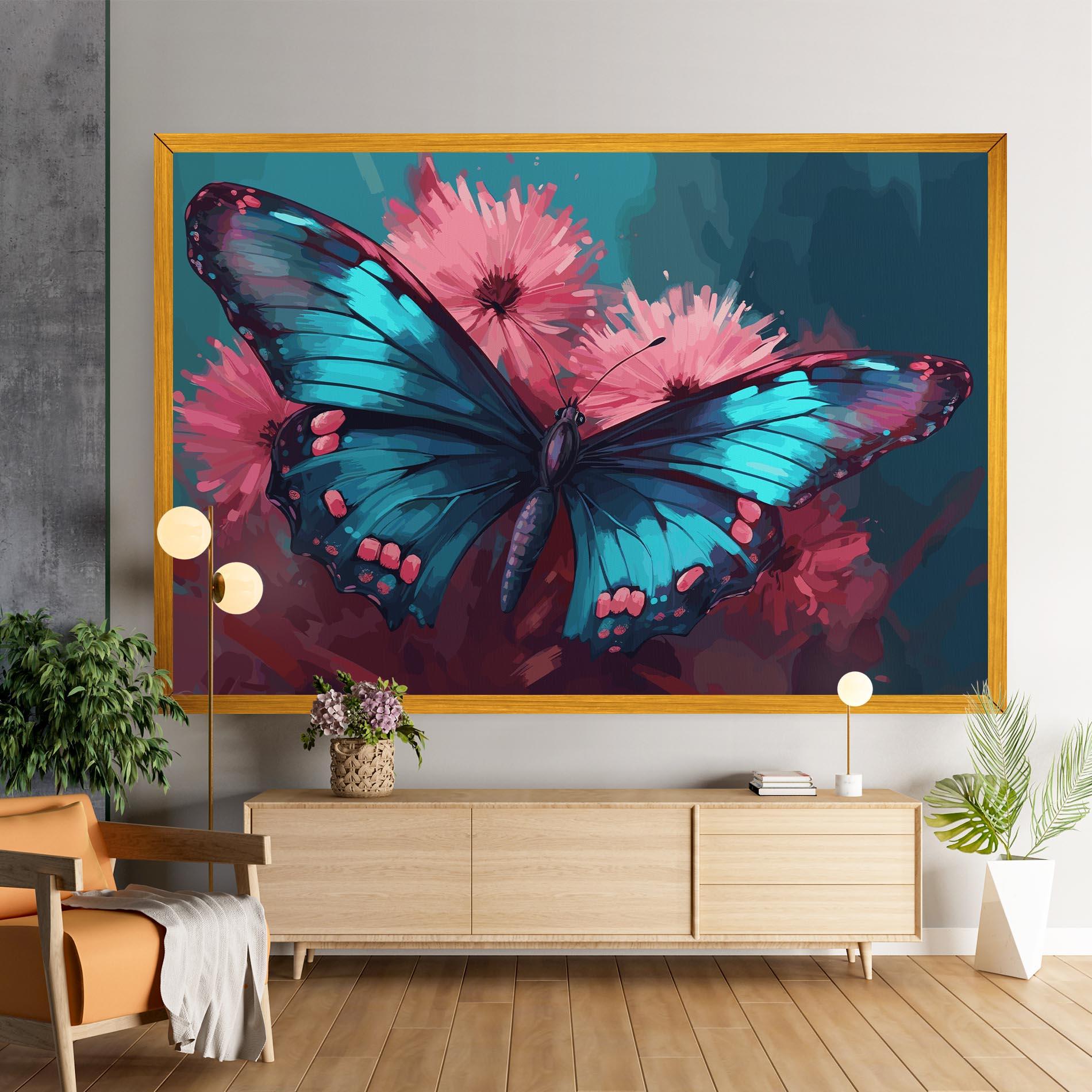 Obraz na Płótnie Blue Butterfly On Pink mockup 9