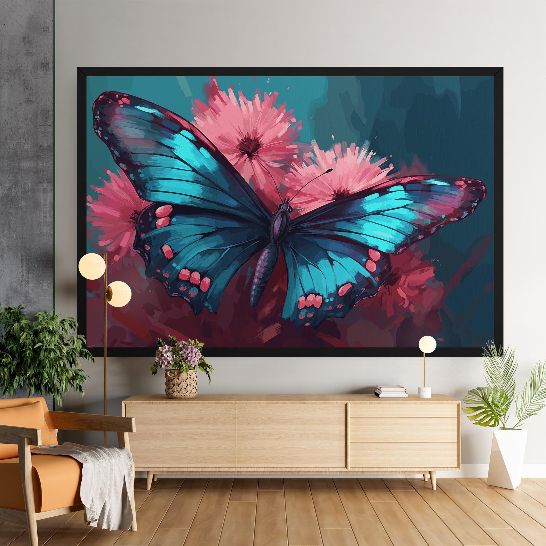 Obraz na Płótnie Blue Butterfly On Pink mockup 9