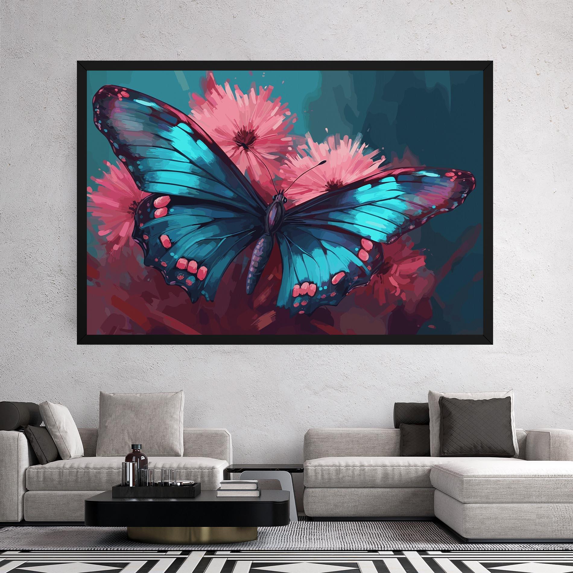 Obraz na Płótnie Blue Butterfly On Pink mockup 2