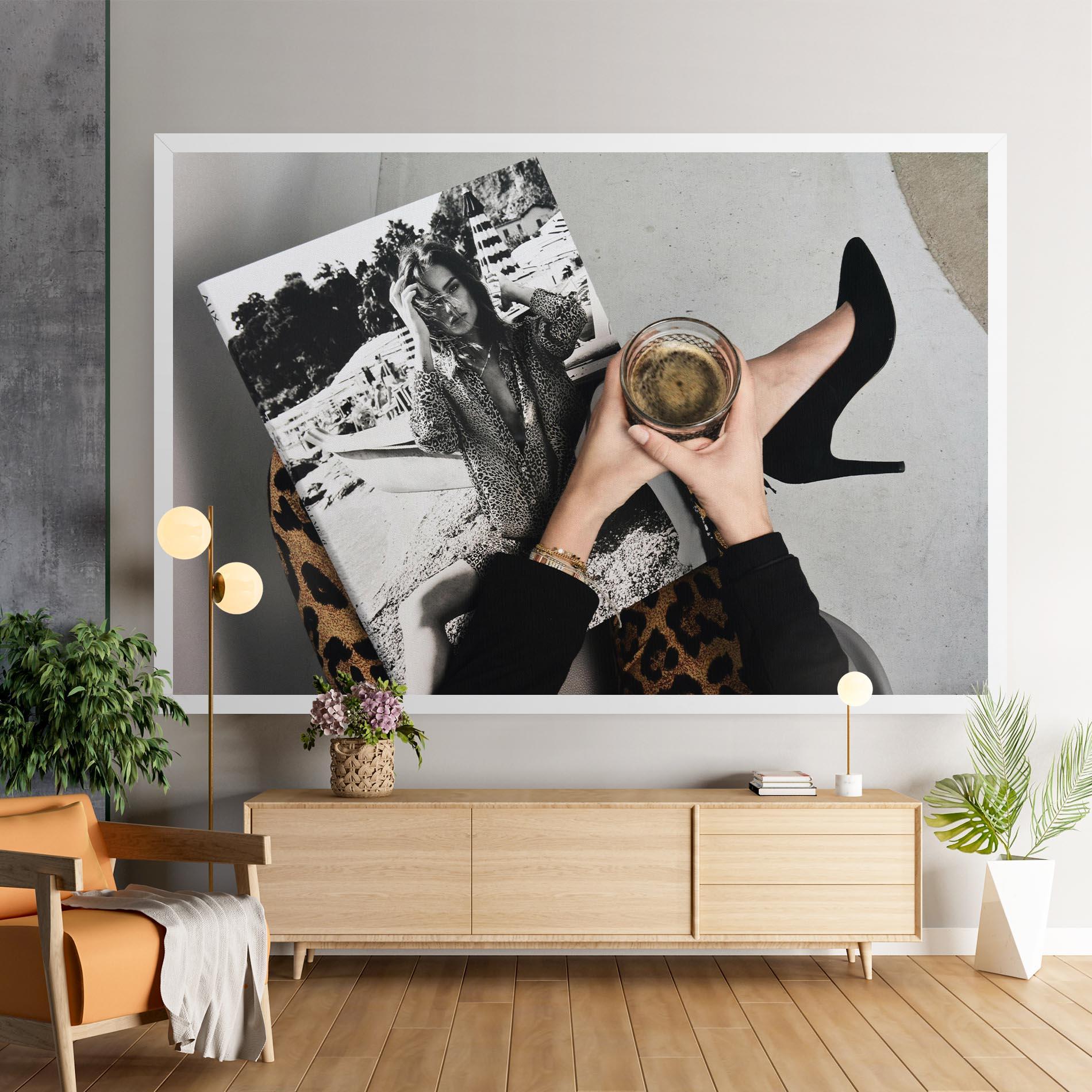 Obraz na Płótnie Black Shoes Holding Coffee mockup 9