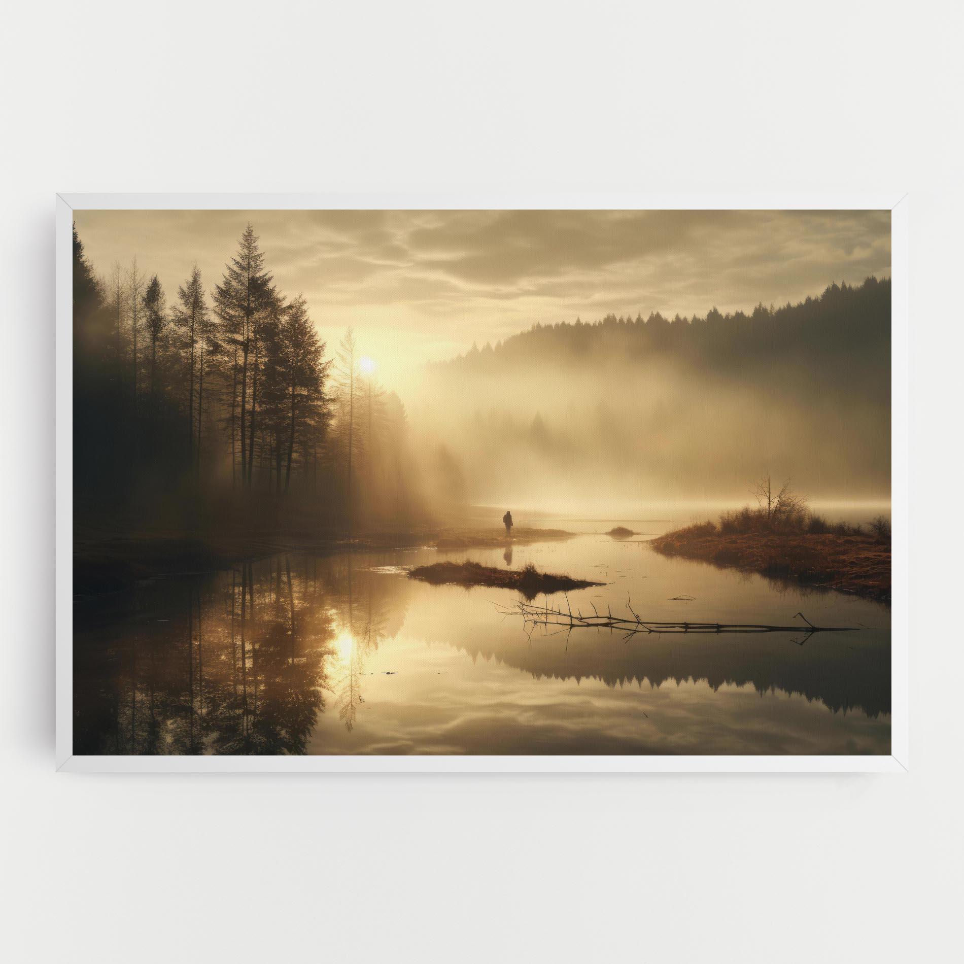 Obraz na Płótnie The Sun Is Rising Over A River In A Foggy Forest mockup 0