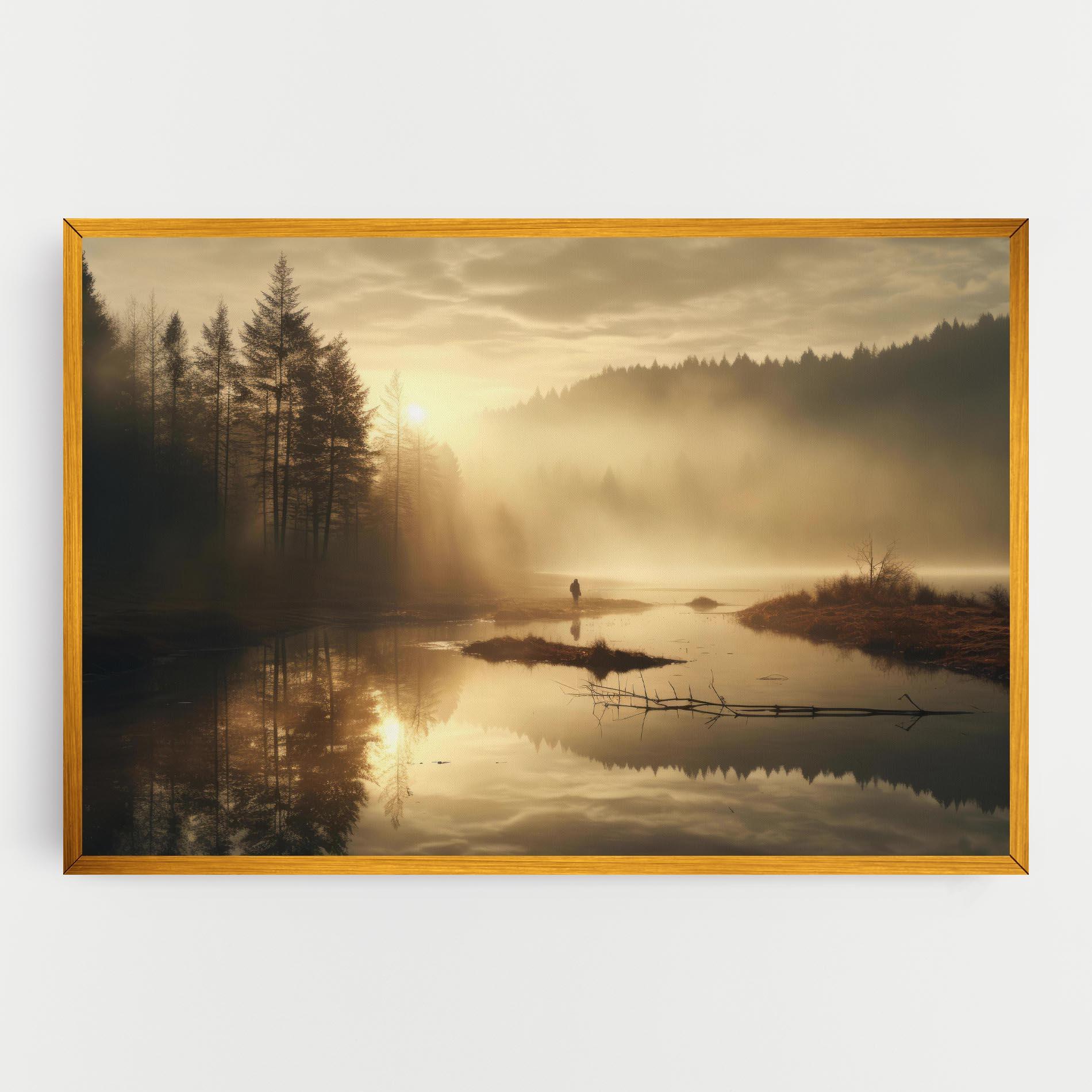Obraz na Płótnie The Sun Is Rising Over A River In A Foggy Forest mockup 0