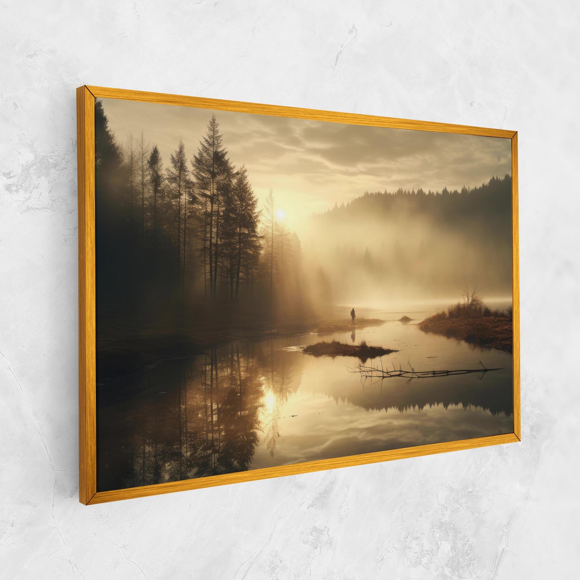 Obraz na Płótnie The Sun Is Rising Over A River In A Foggy Forest mockup 1