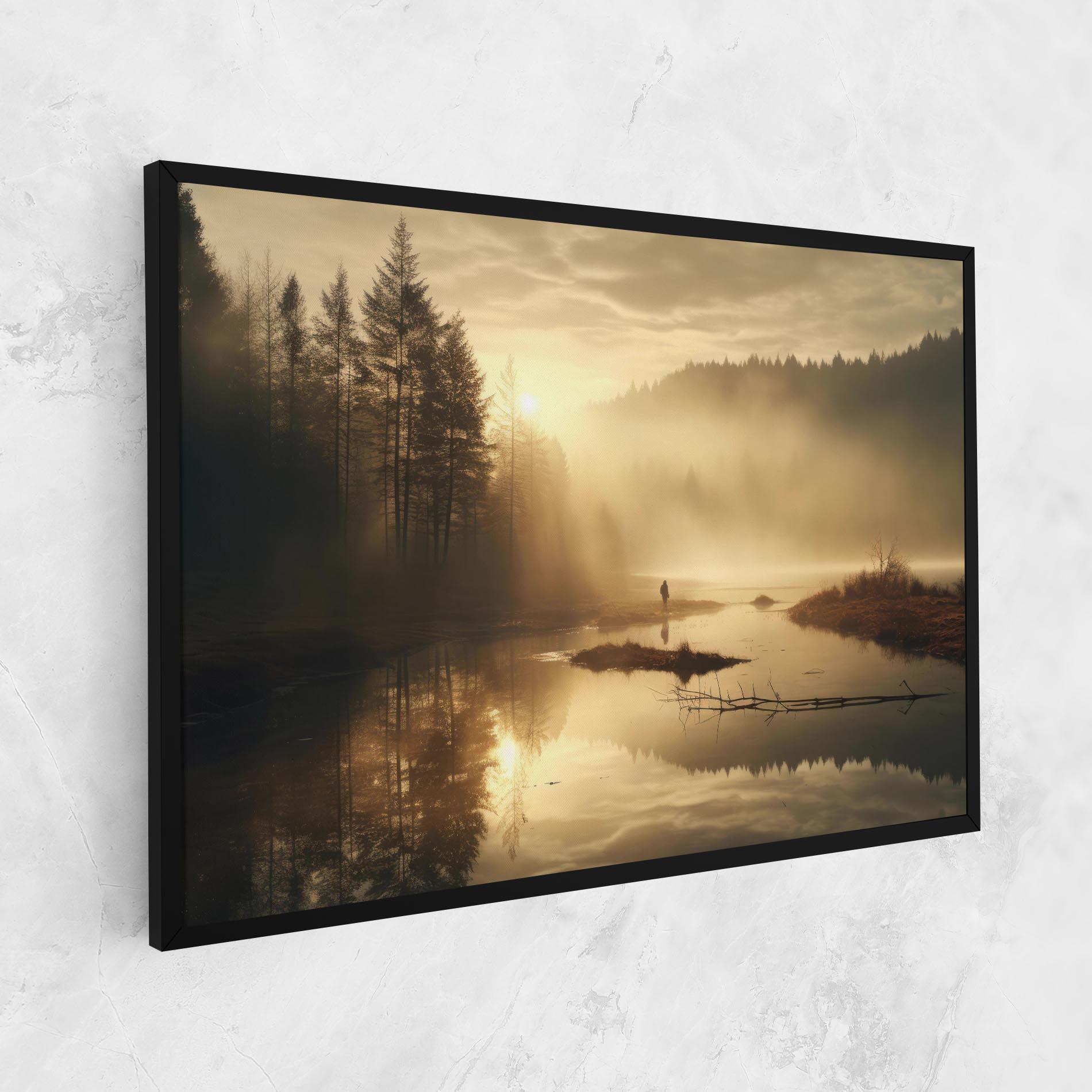 Obraz na Płótnie The Sun Is Rising Over A River In A Foggy Forest mockup 1