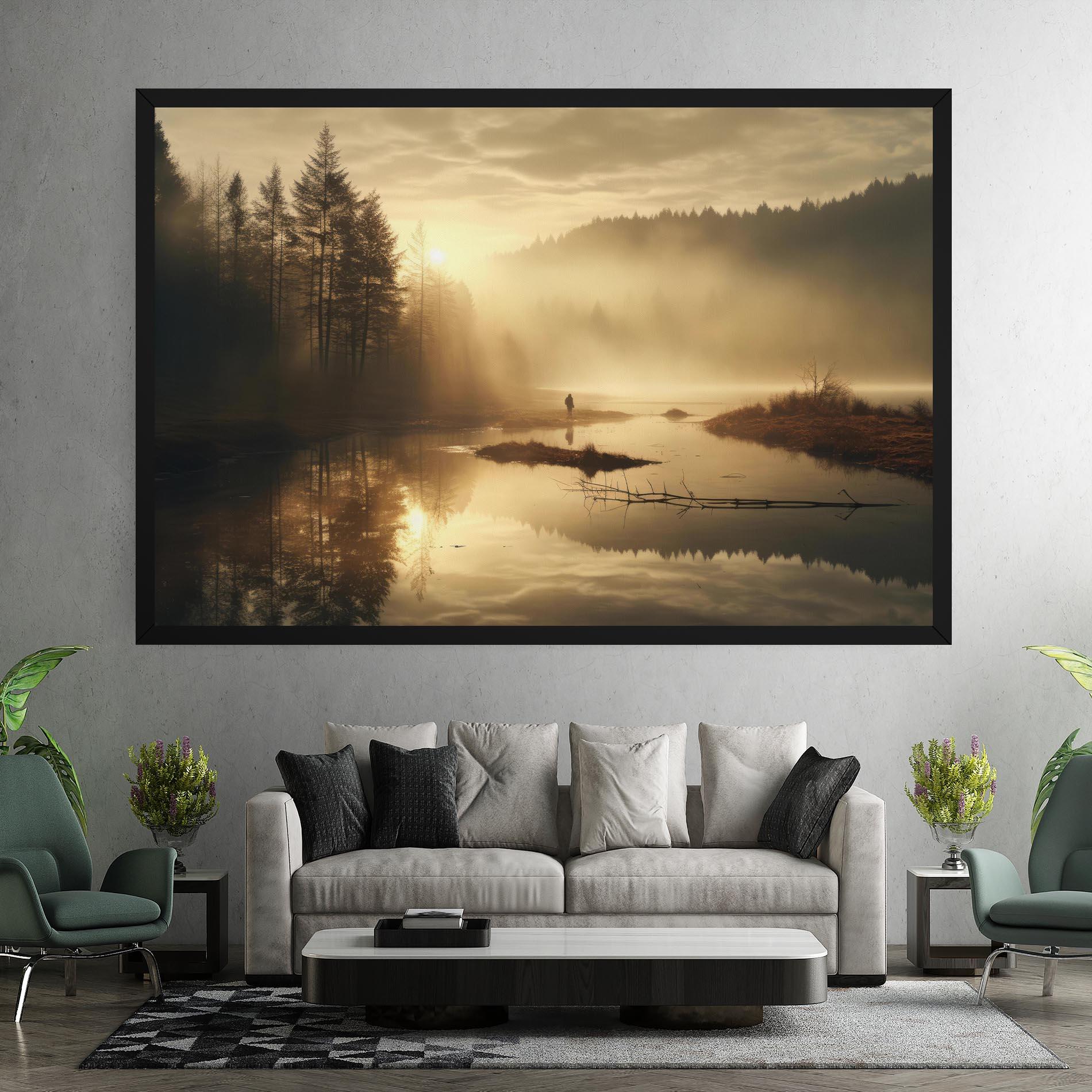 Obraz na Płótnie The Sun Is Rising Over A River In A Foggy Forest mockup 7