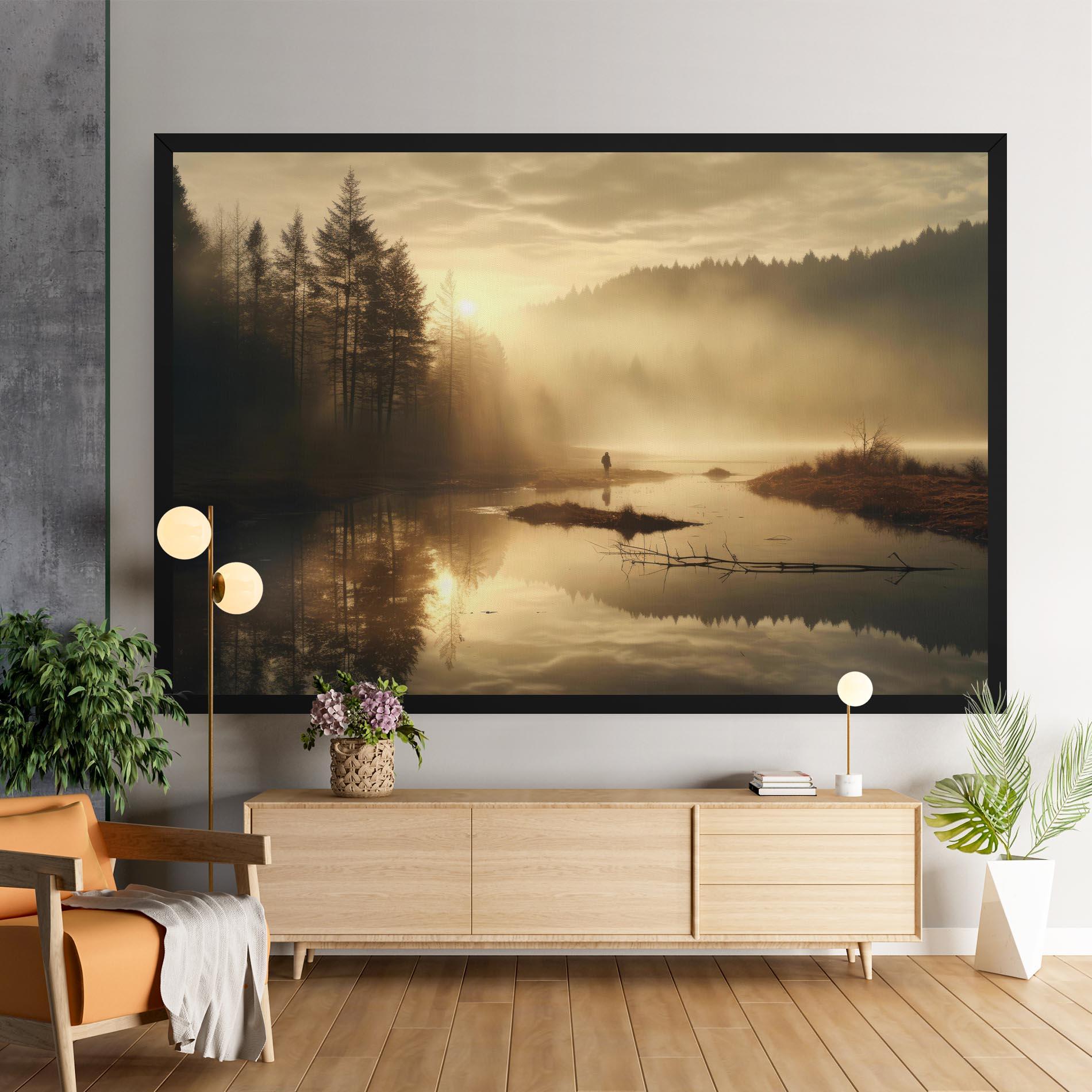 Obraz na Płótnie The Sun Is Rising Over A River In A Foggy Forest mockup 9