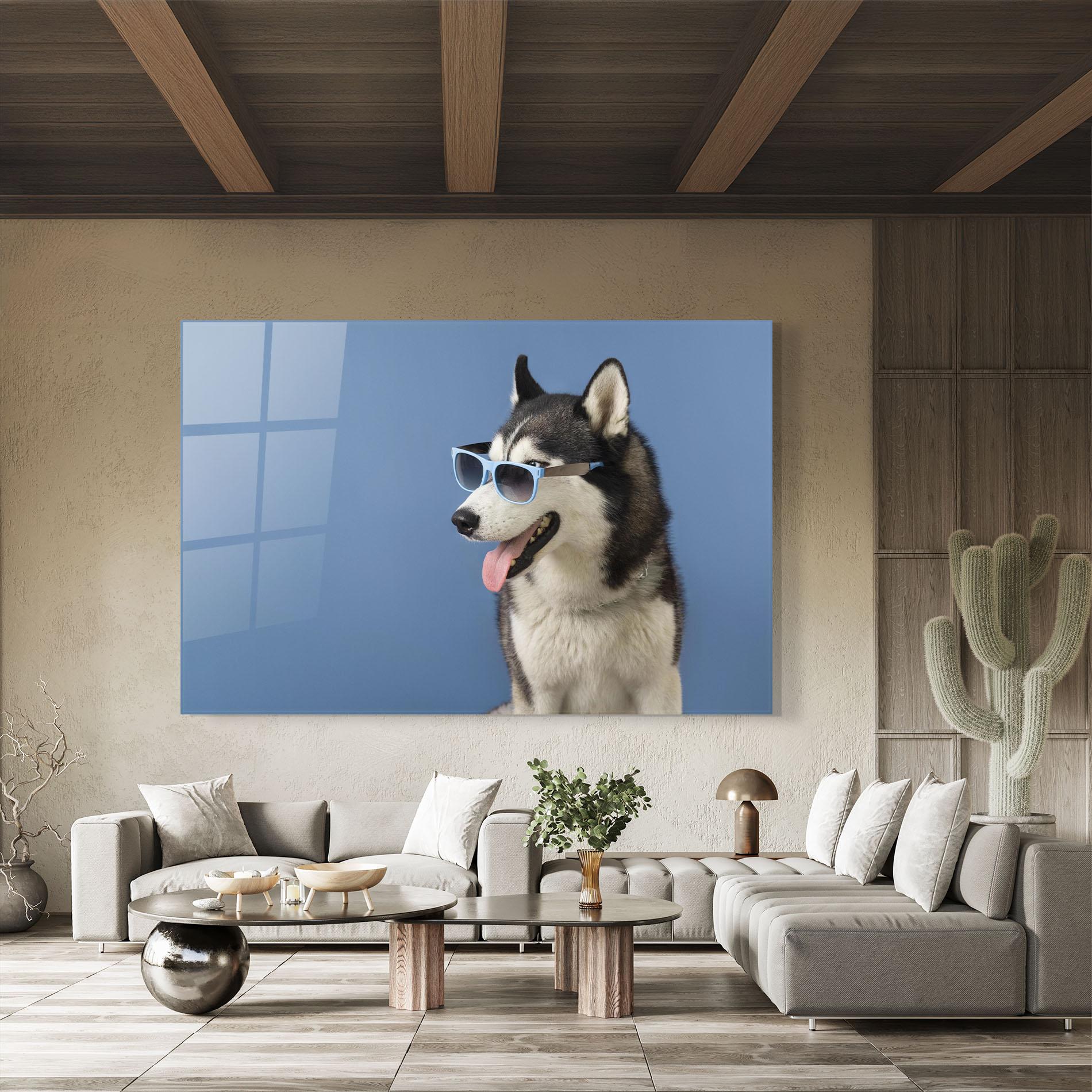 Obraz na Szkle Blue Glasses Dog mockup 8