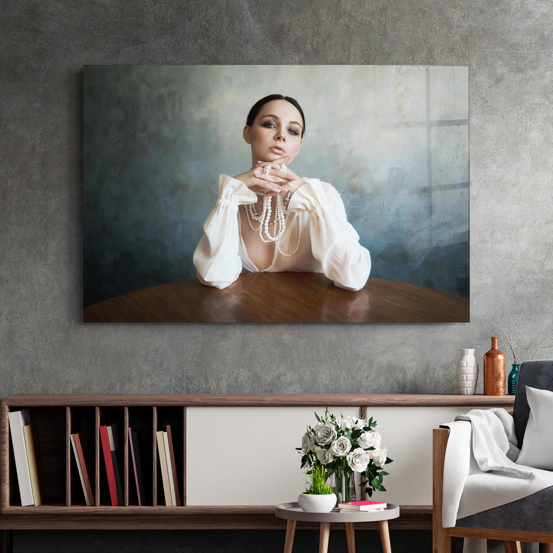 Obraz na Szkle Girl White Pearls mockup 2