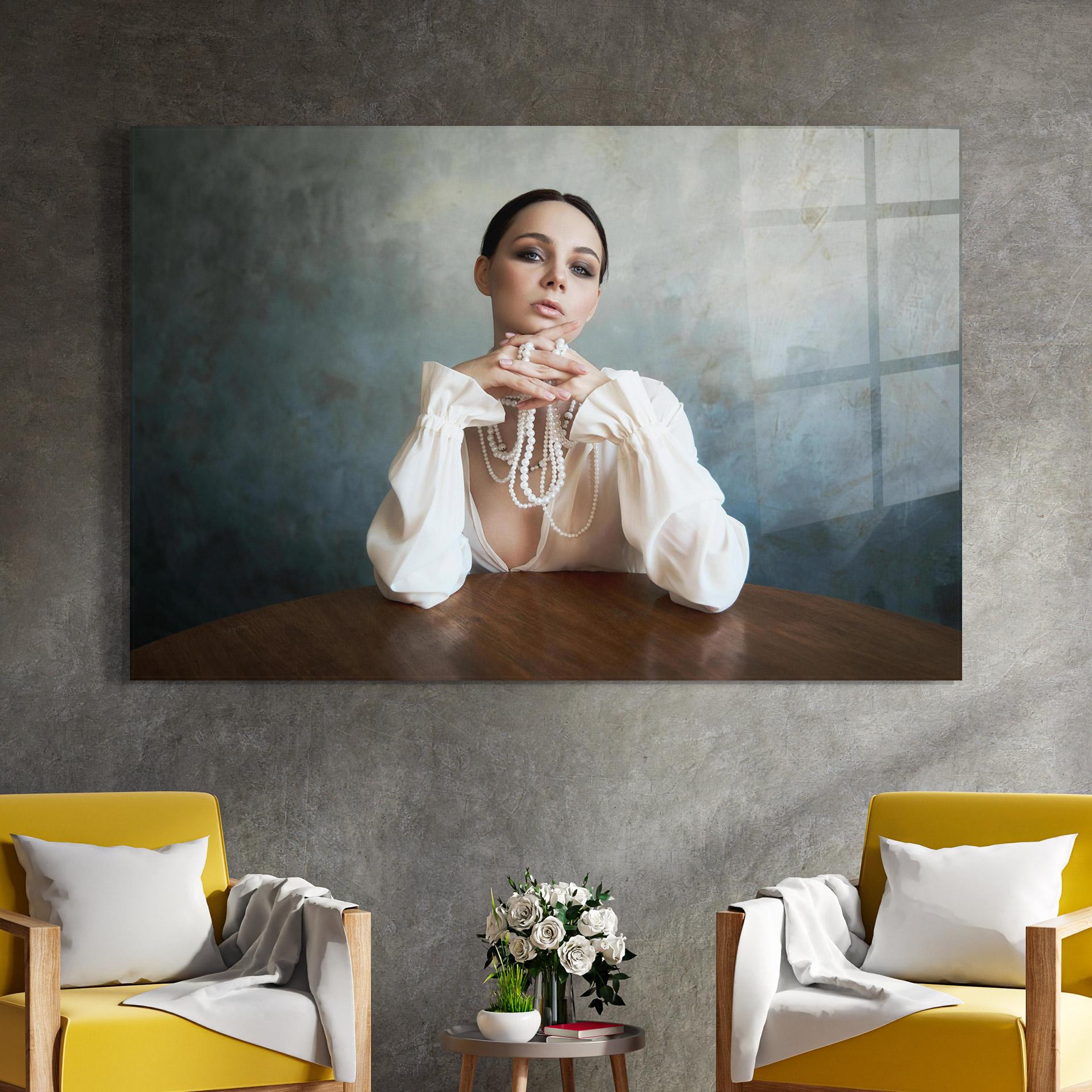 Obraz na Szkle Girl White Pearls mockup 4