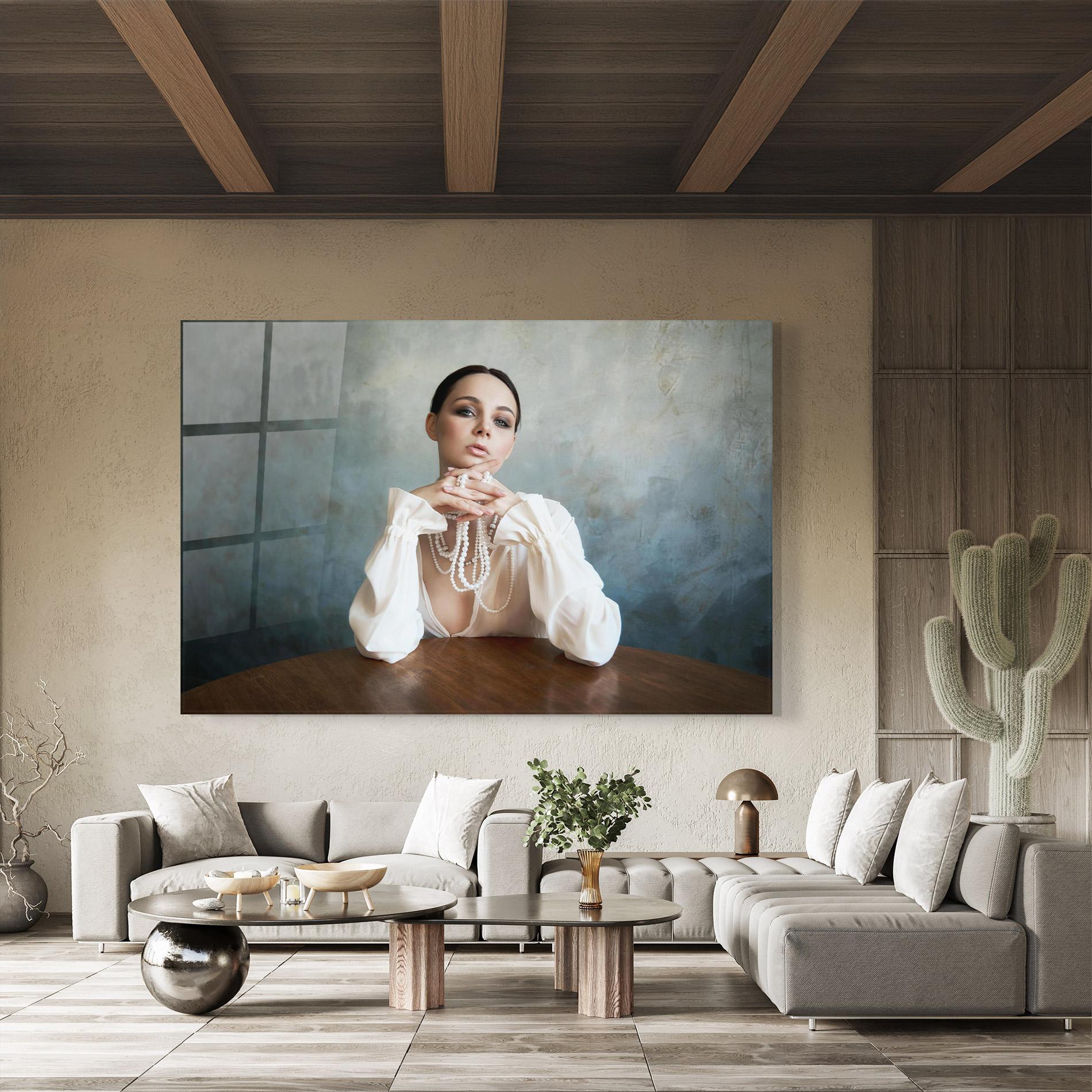 Obraz na Szkle Girl White Pearls mockup 8