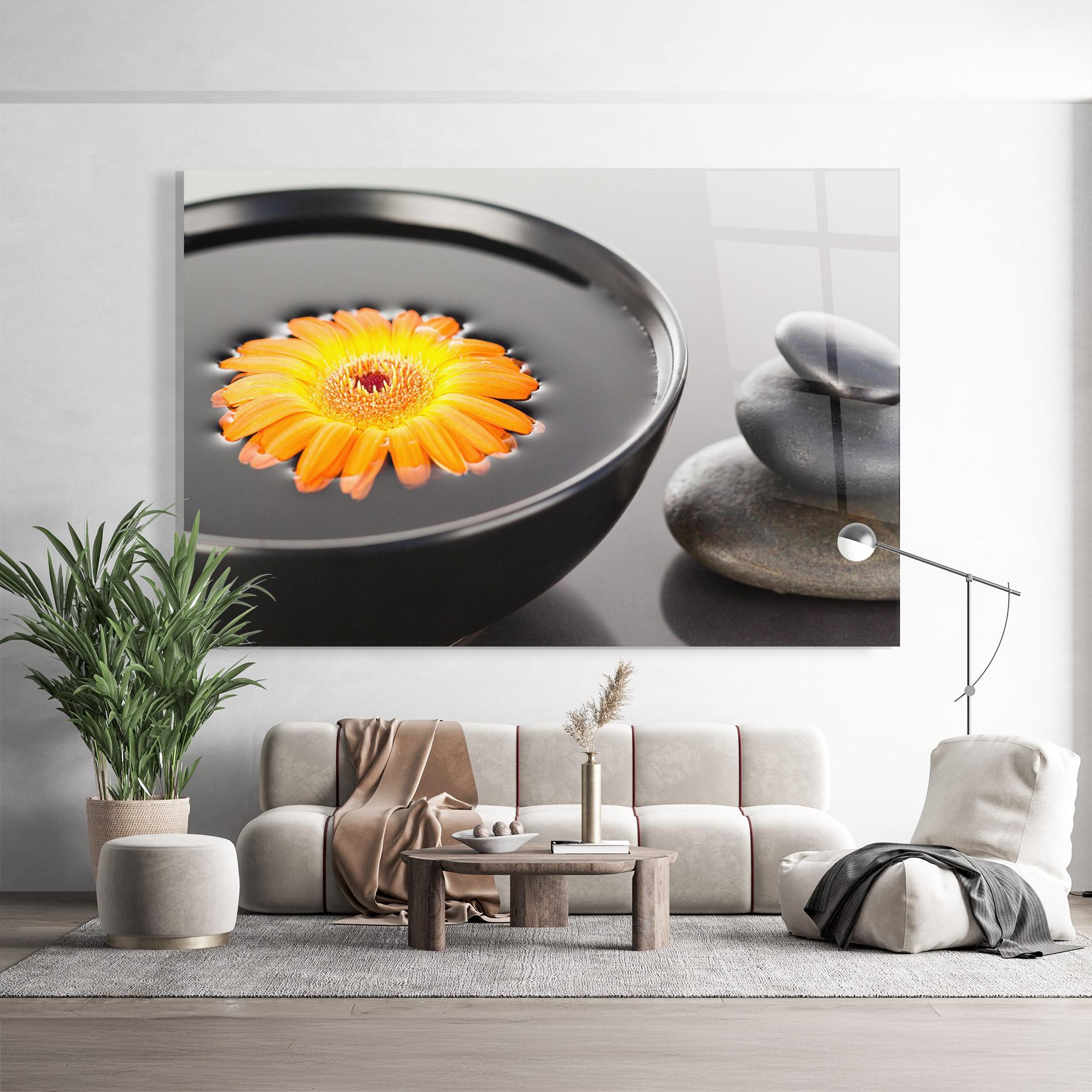 Obraz na Szkle Orange Flower Stones mockup 9