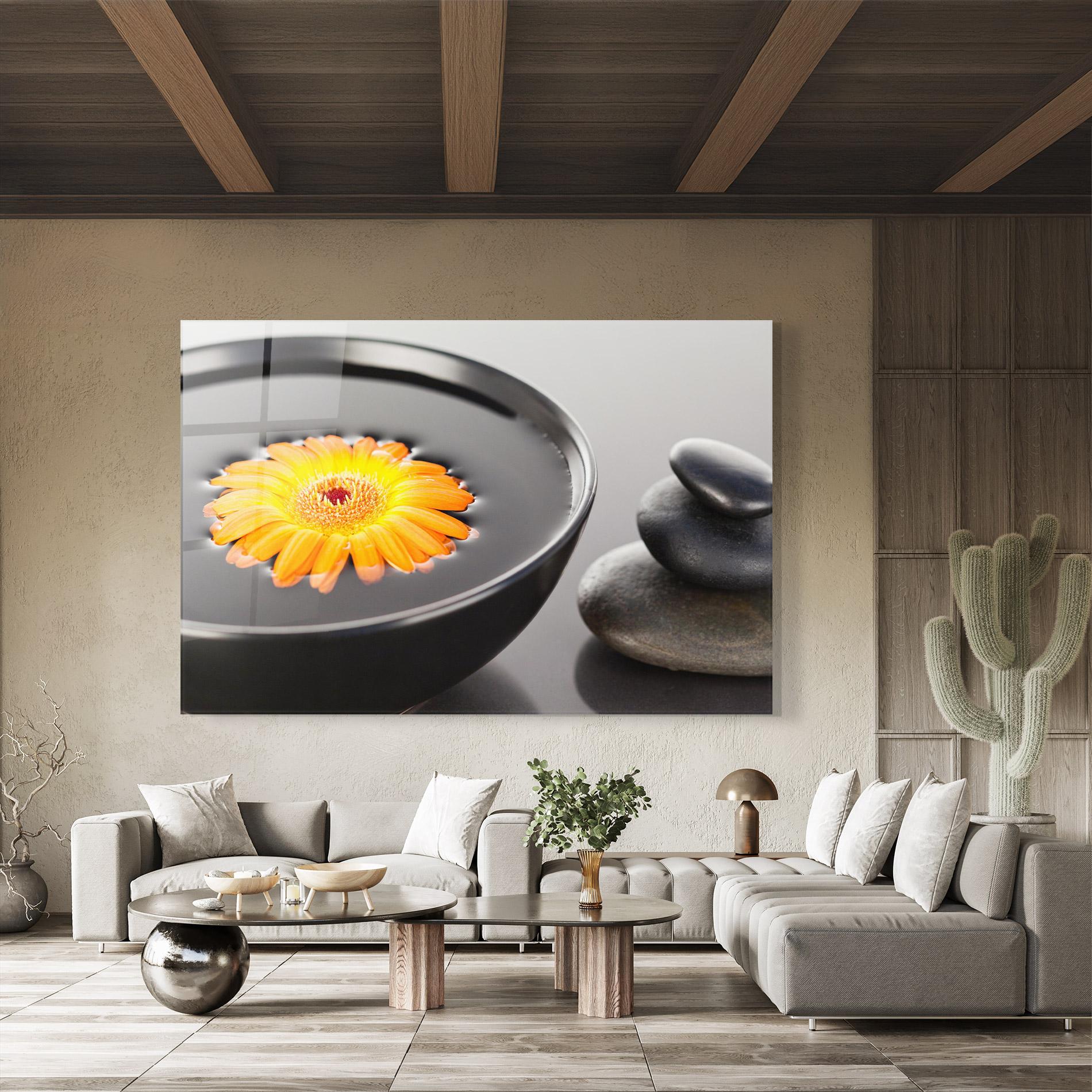 Obraz na Szkle Orange Flower Stones mockup 8