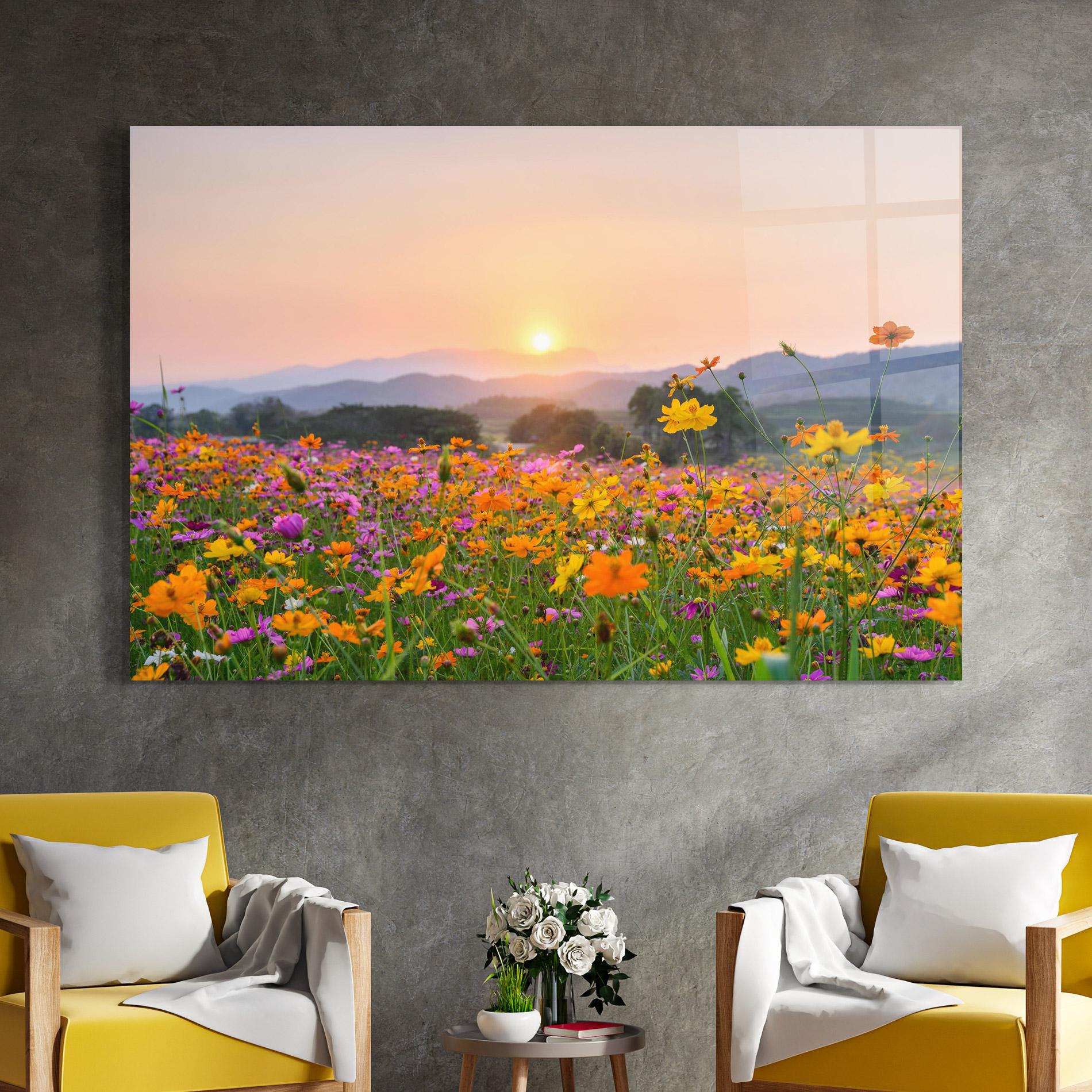 Obraz na Szkle Sunset Mountain Flowerf mockup 4