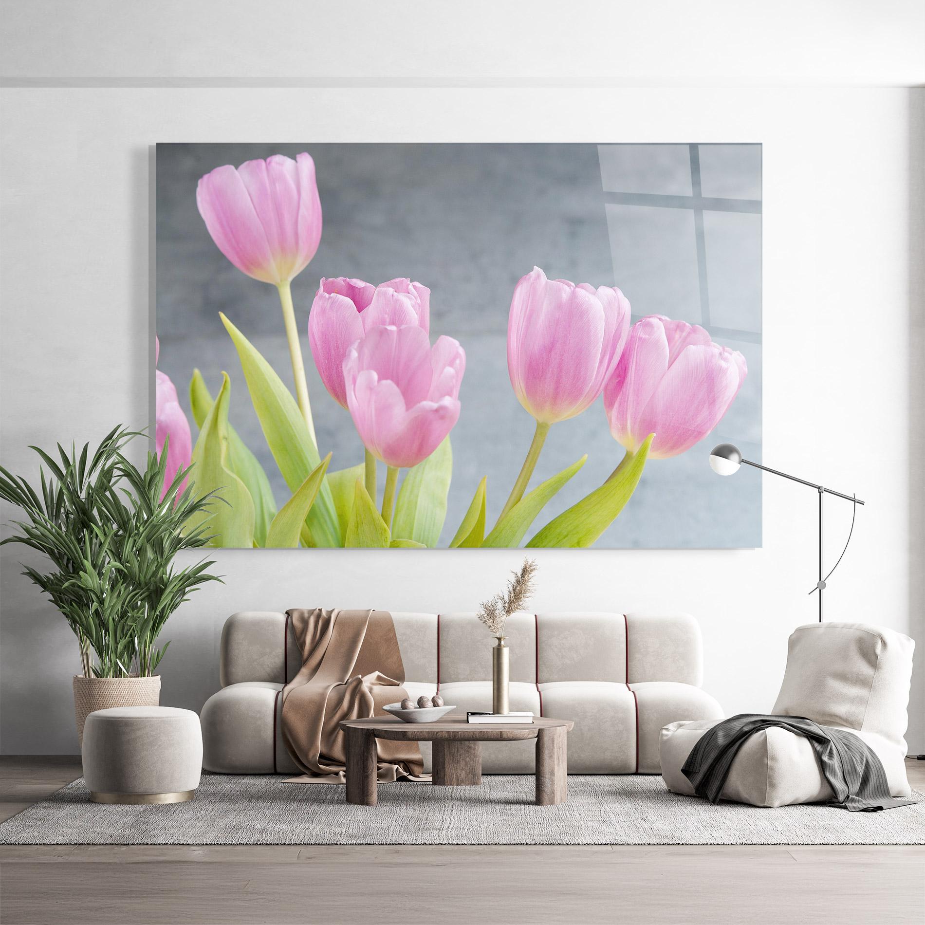 Obraz na Szkle Pink Pastel Tulip On Grey mockup 9
