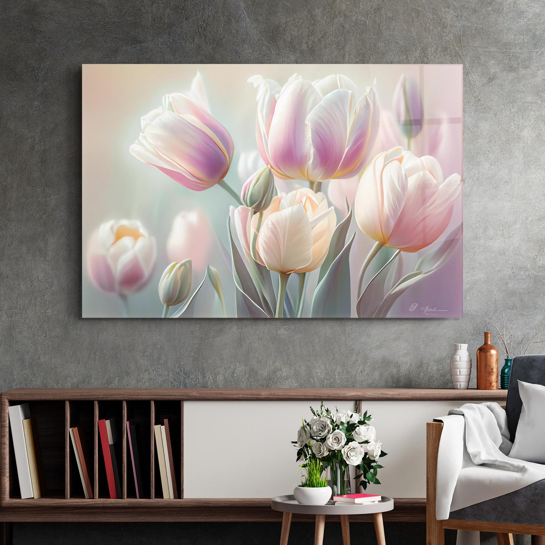 Obraz na Szkle Dreamy White Tulips mockup 2