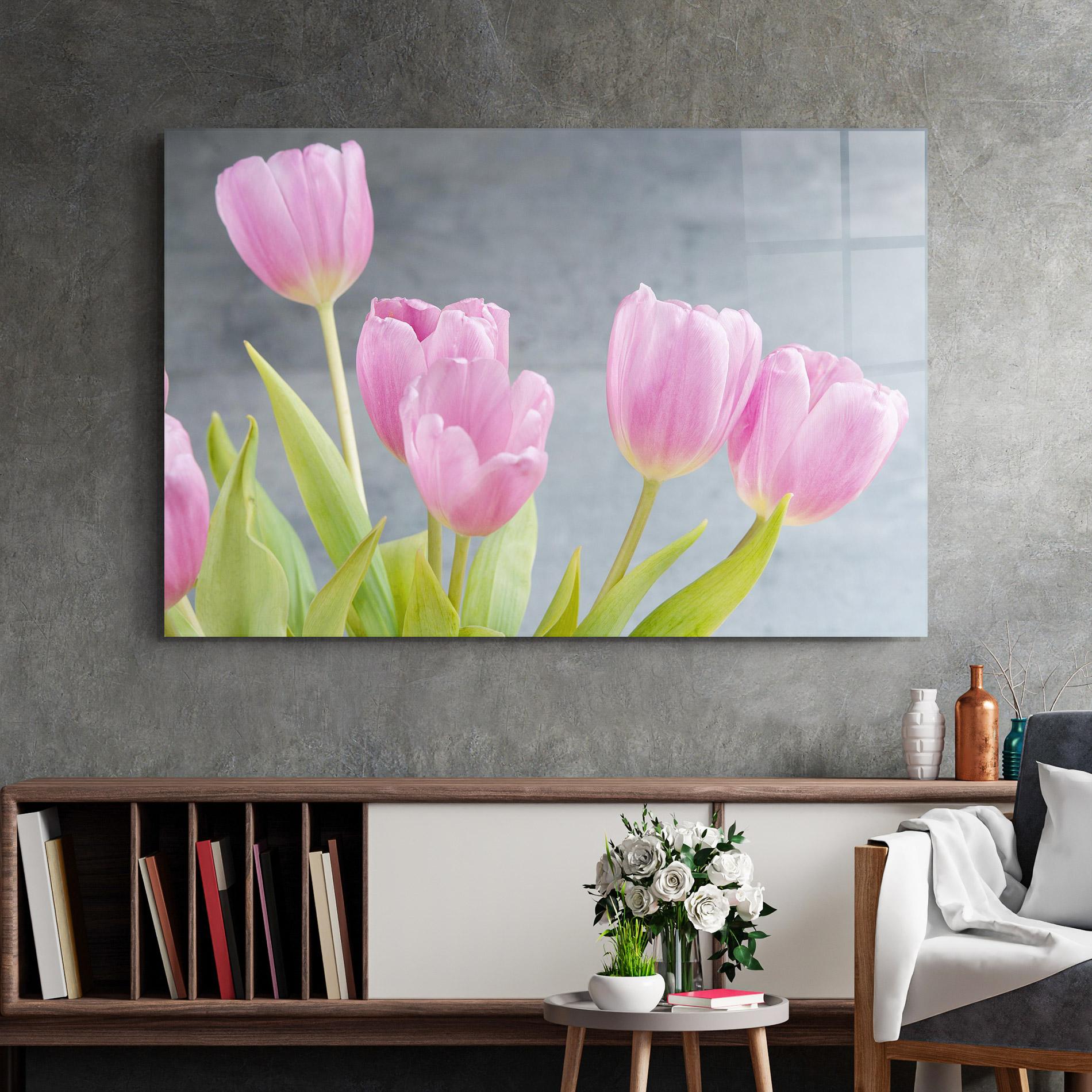 Obraz na Szkle Pink Pastel Tulip On Grey mockup 2